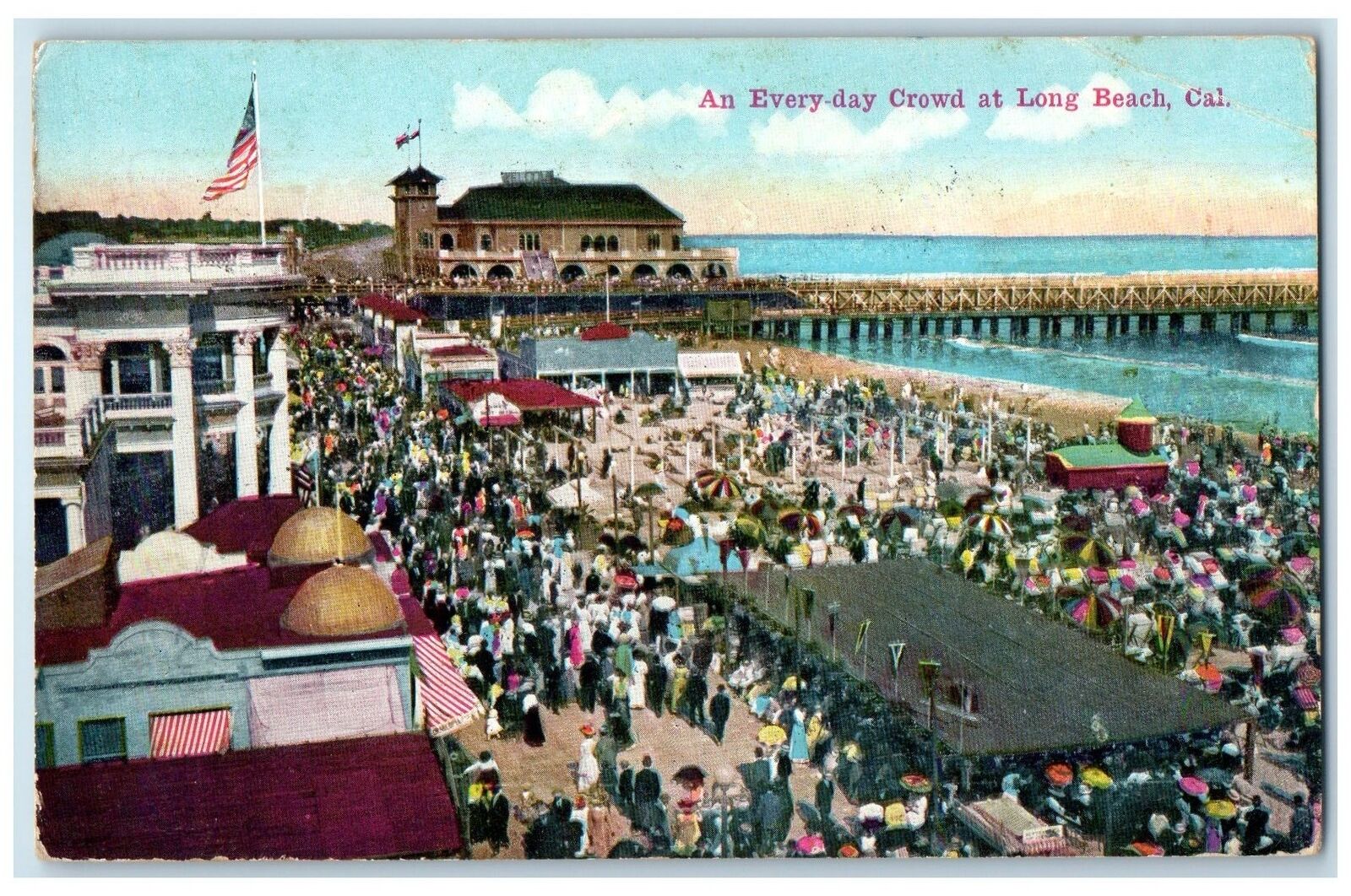 1916 An Everyday Crowd Tourists Bridge View At Long Beach California CA Postcard