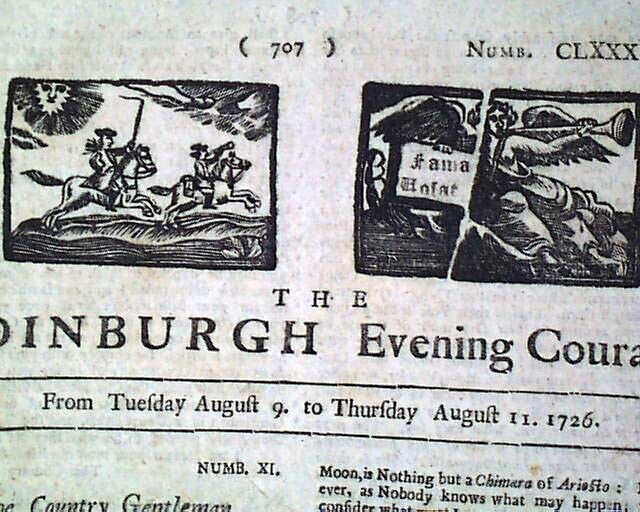 Edinburgh Scotland Rare 1726 Newspaper w/ Illustrated Woodcut Prints & Masthead