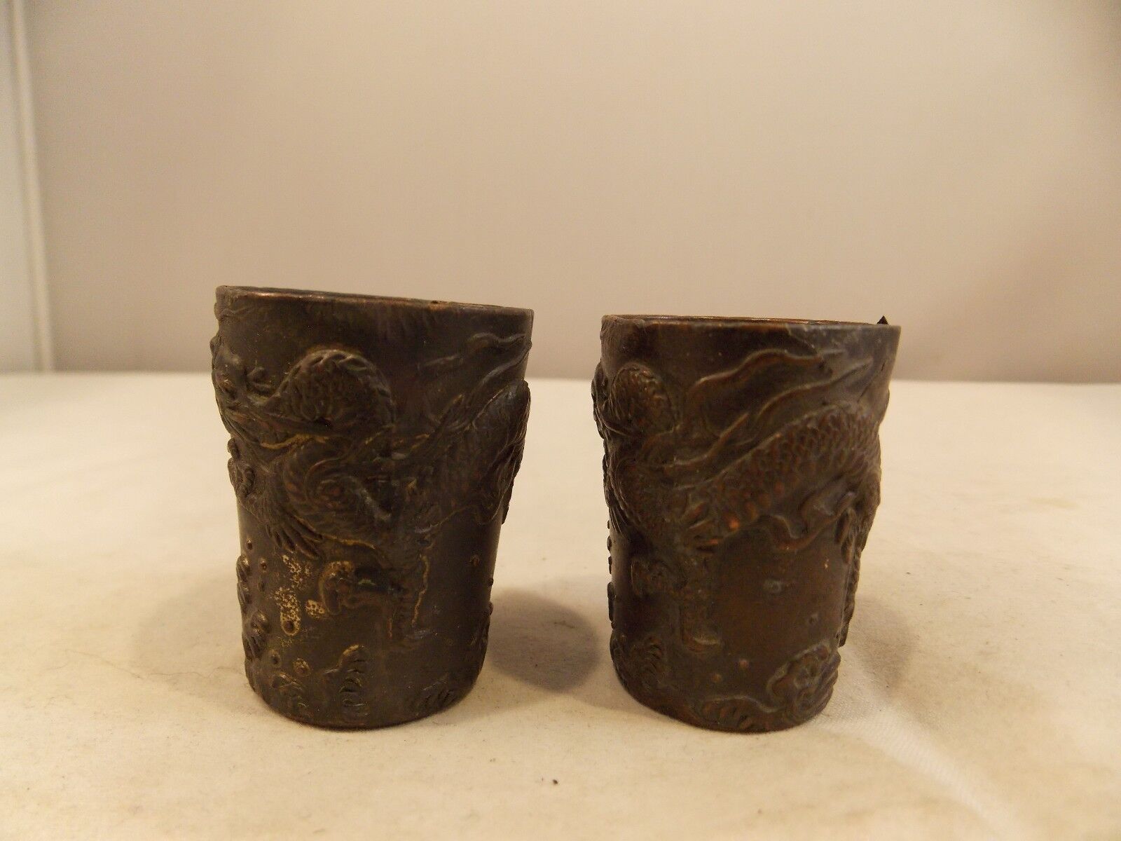 Pair of Vtg Metal Cups w/Image of Dragons on Outside, 1 1/2\