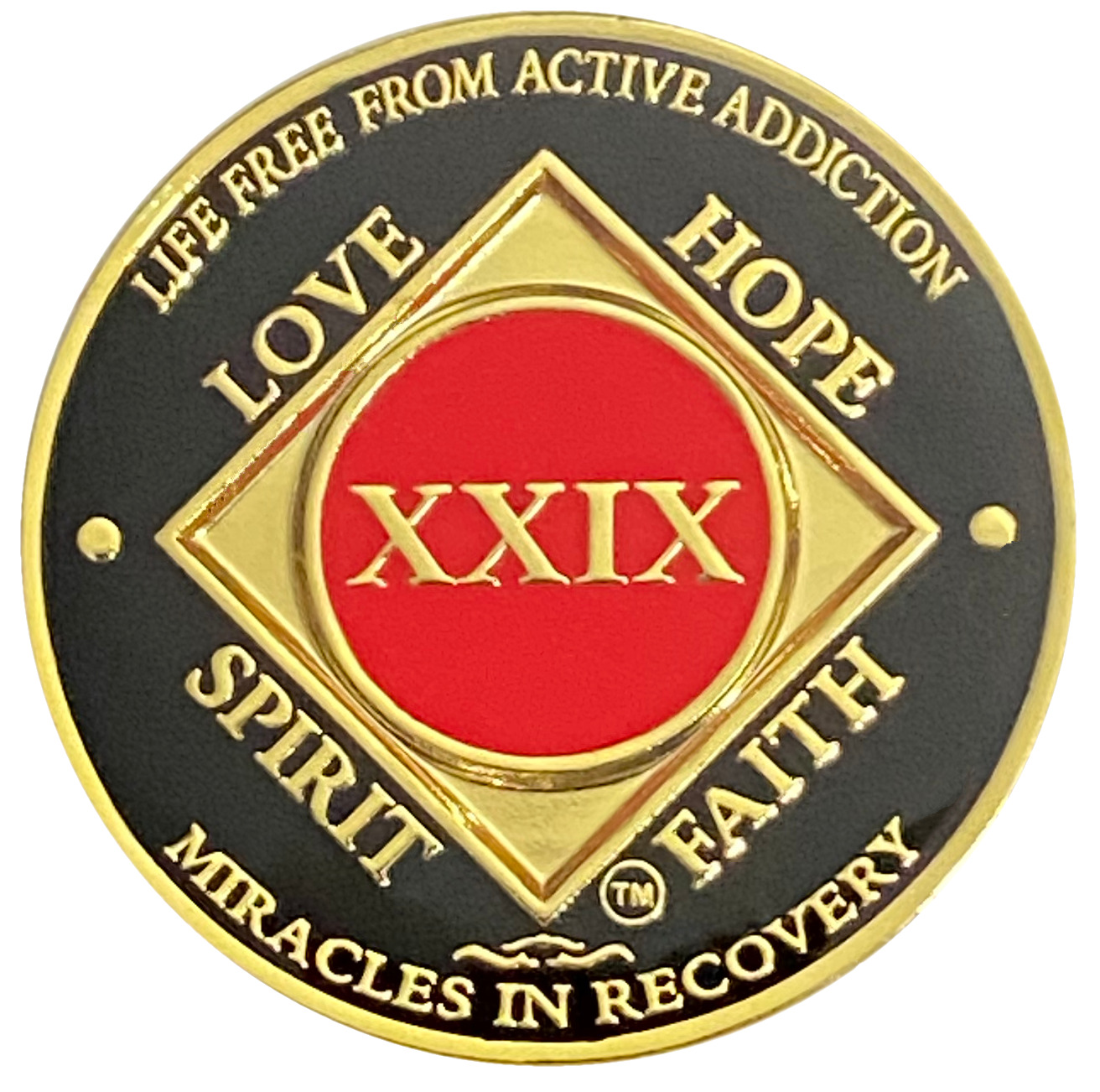 NA 29 Year, Red, Gold Color Plated Medallion, Narcotics Anonymous Medallion