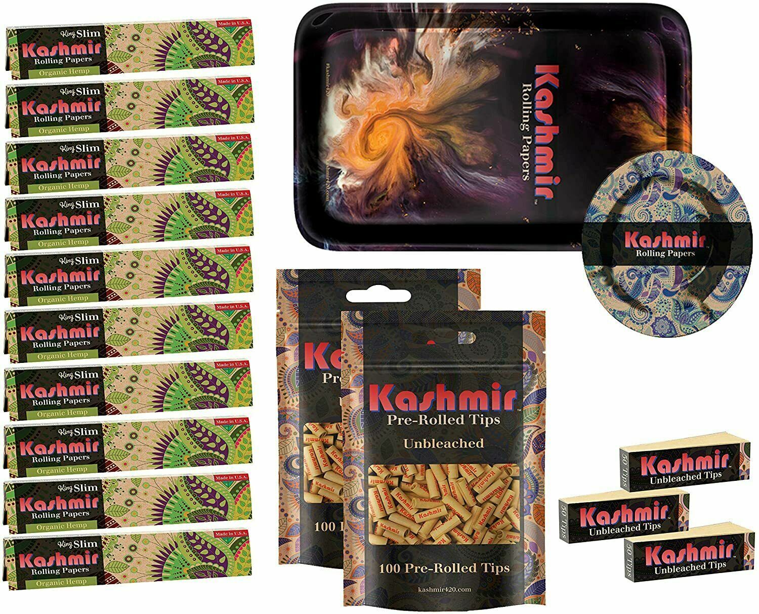 Kashmir Rolling Tray Bundle Rolling Papers - Ashtray Unbleached Pre-rolled Tips