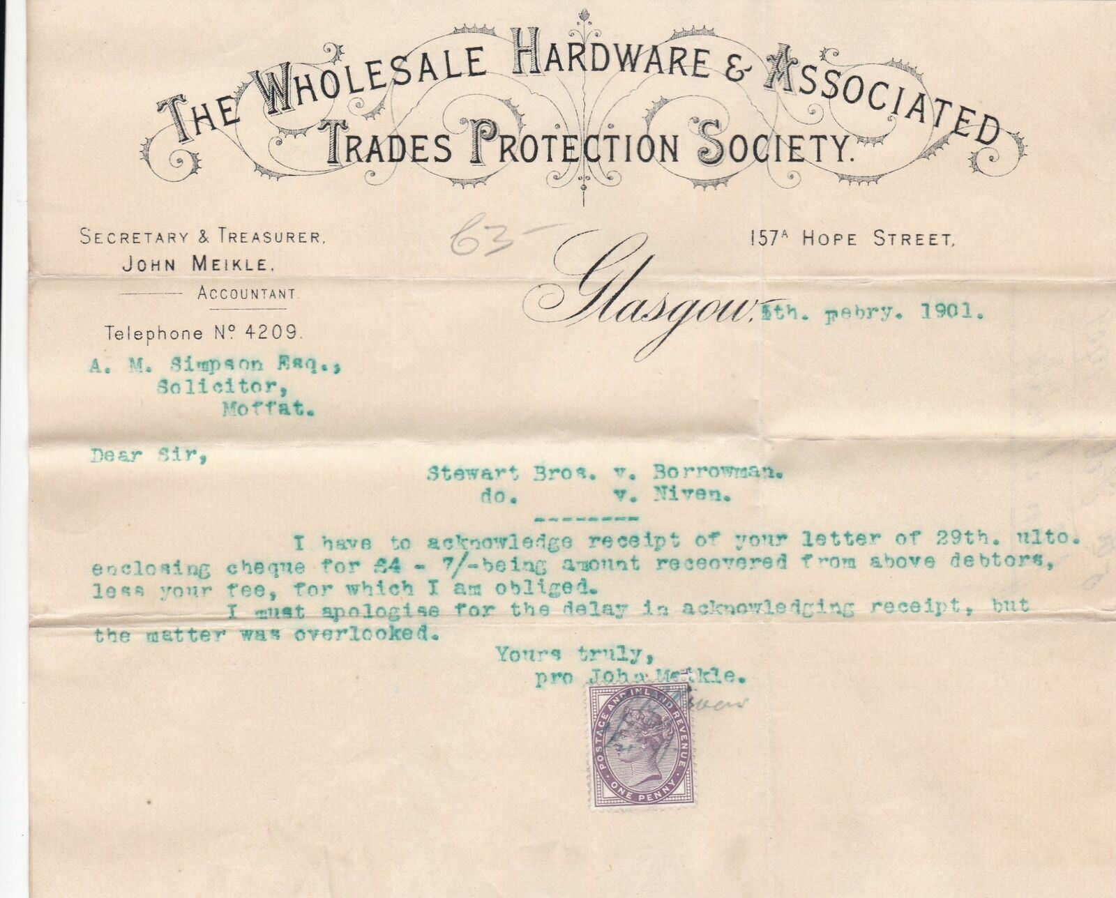 The Wholesale Hardware & Ass. Trades Protection Society 1901 Stamp Receipt 40023