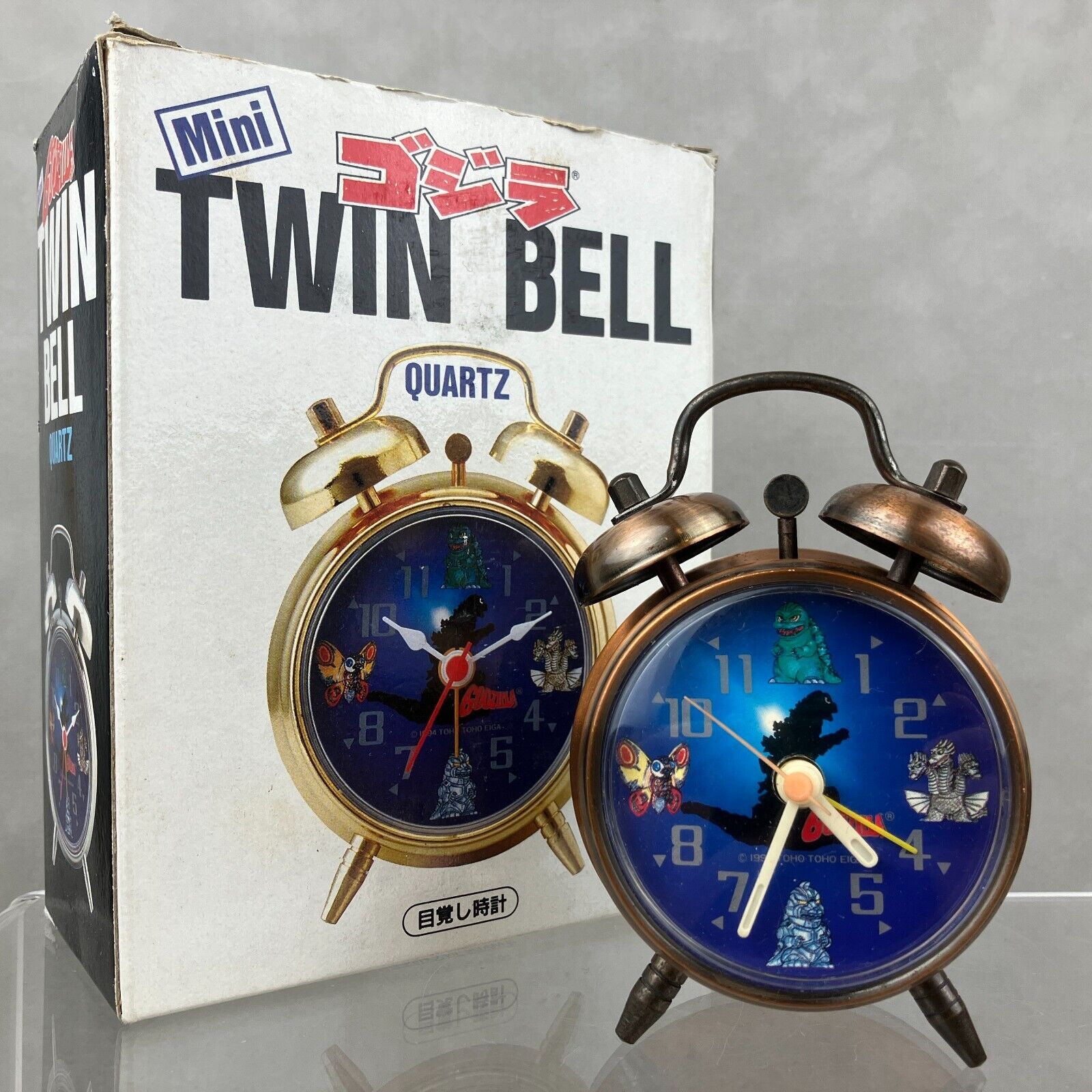 1994 Yutaka Godzilla Mini Twin Bell Bronze Alarm Desk Kaiju Clock w/ Box AS-IS
