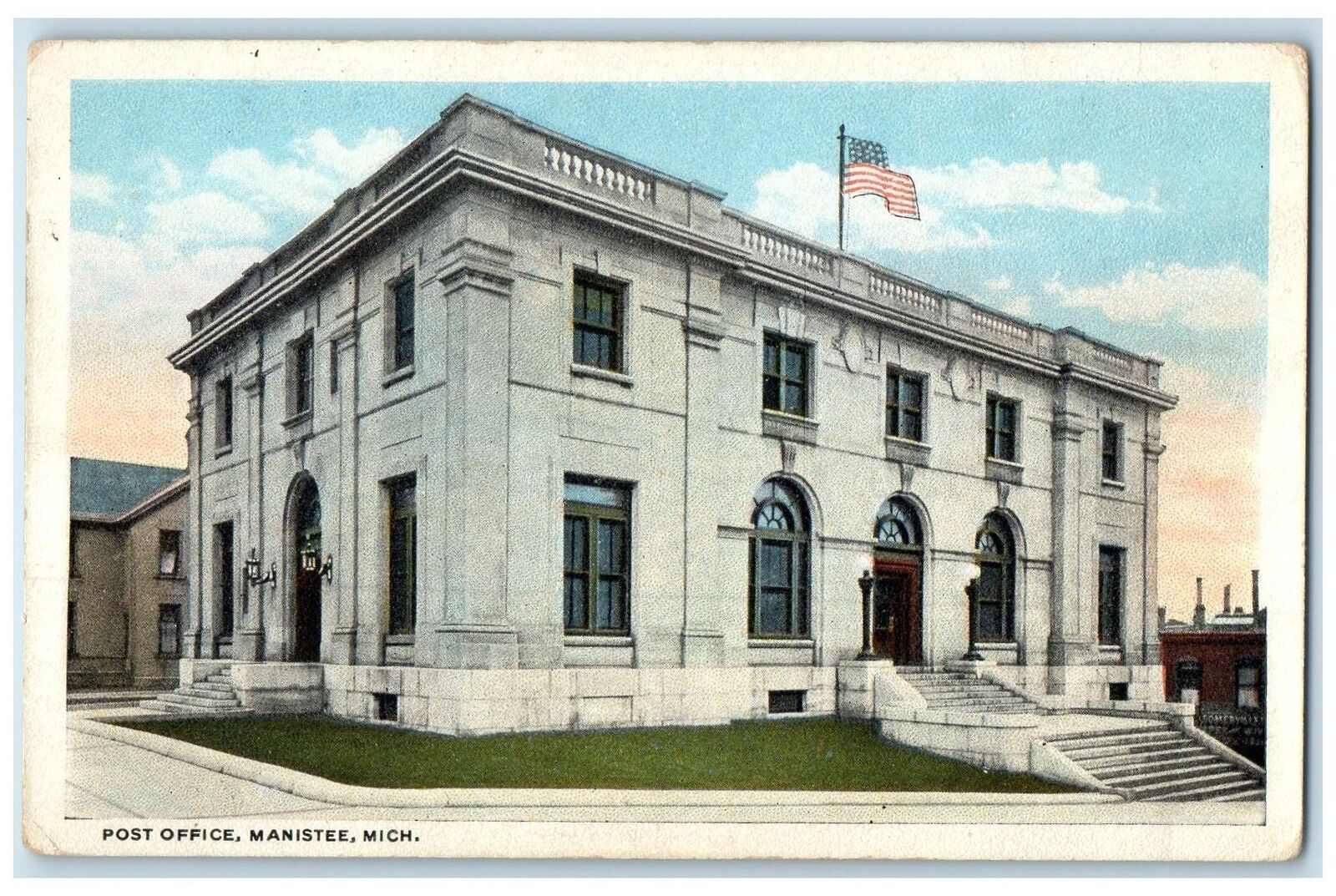 c1920 Post Office Building Stairs Entrance US Flag Manistee Michigan MI Postcard
