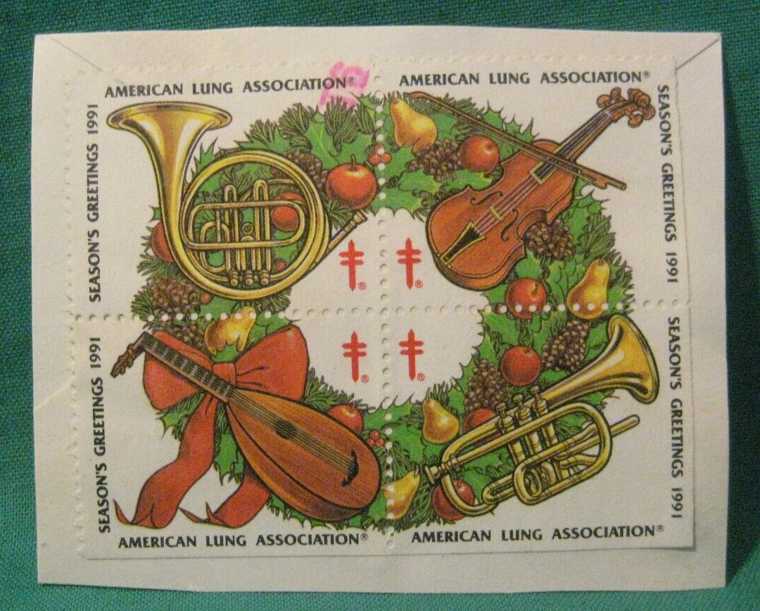 1991 American Lung Assoc Christmas Seals-Holiday Wreath-Block of 4 on Paper