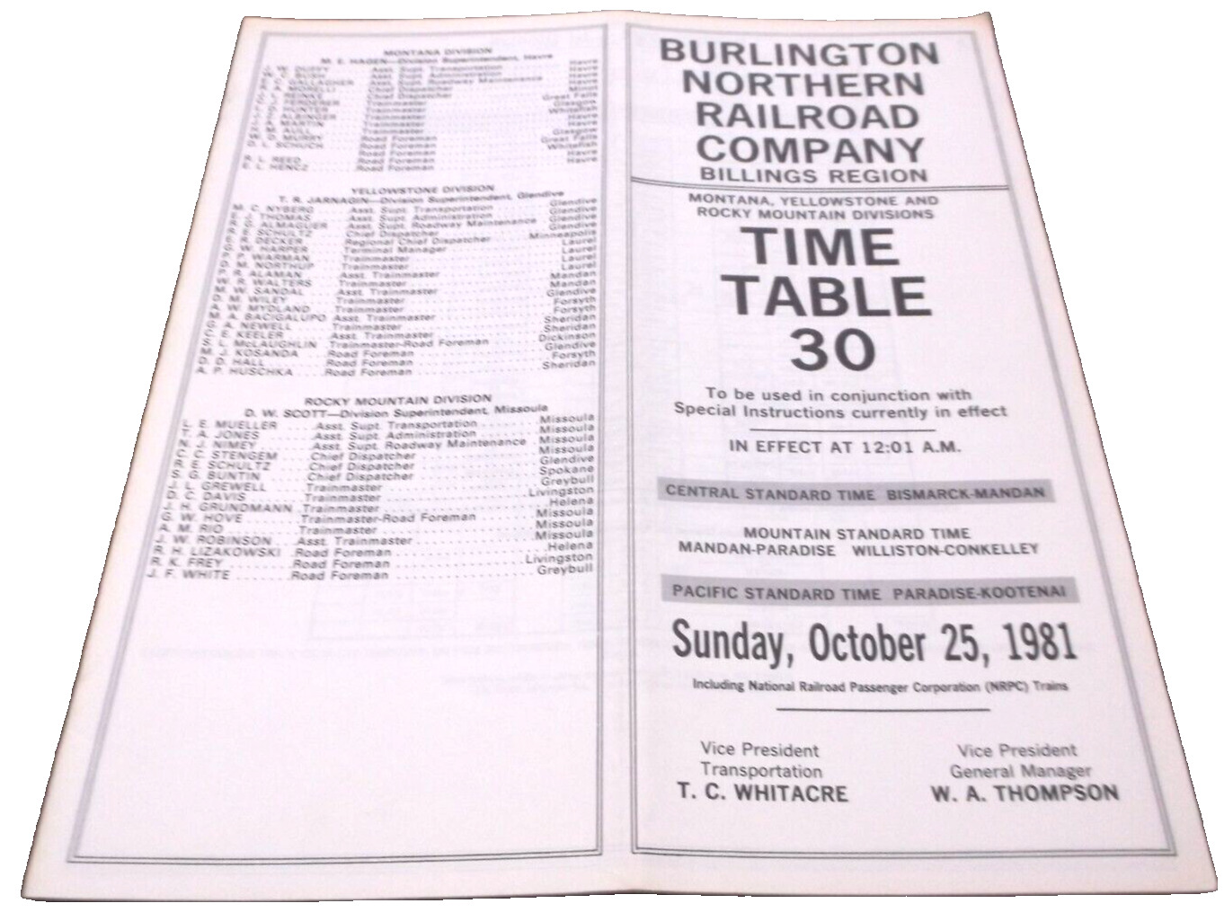 OCTOBER 1981 BURLINGTON NORTHERN BILLINGS REGION EMPLOYEE TIMETABLE #30