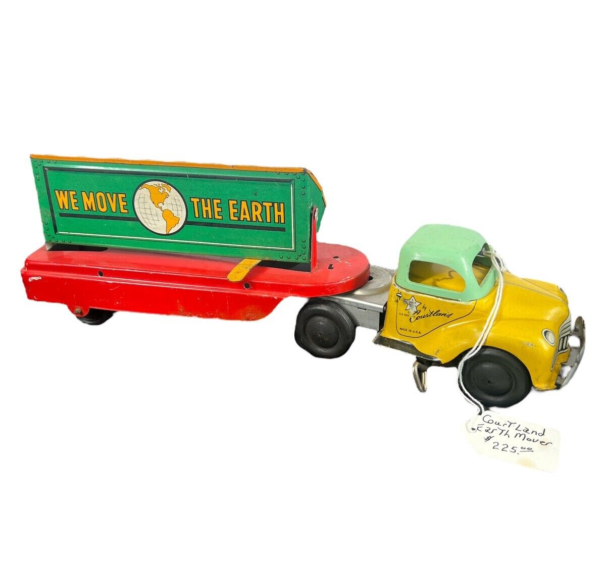 Vintage 1940’s Courtland Wind Up Tipper Dump Truck Tin USA 13” “We Move Earth”