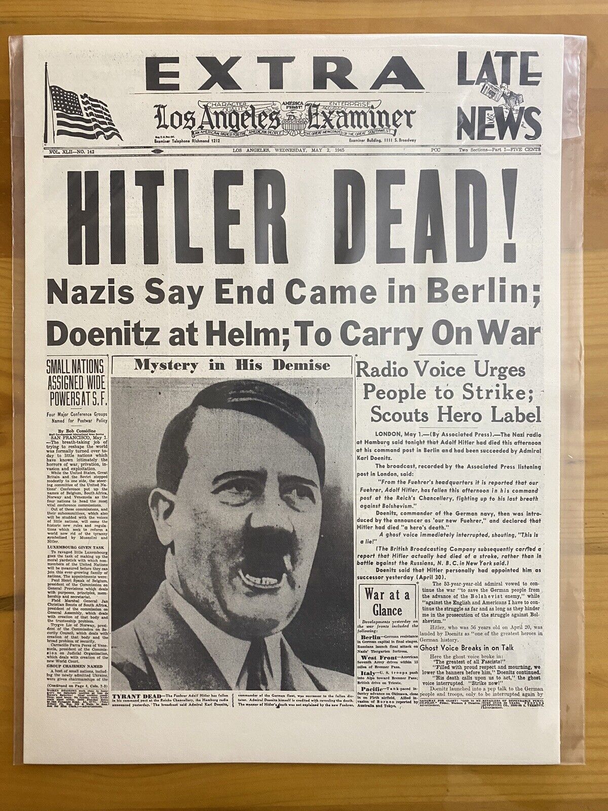 VINTAGE NEWSPAPER HEADLINE~WORLD WAR 2 GERMANY BERLIN HITLER DEAD WWII 1945