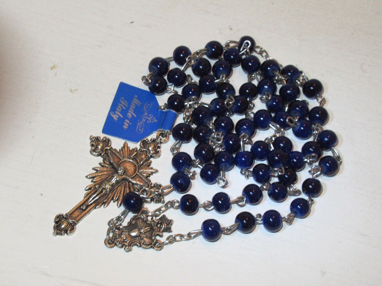 Lot of 2 Italy Rosary Colbalt Blue Glass Beads Sacred Heart Icon