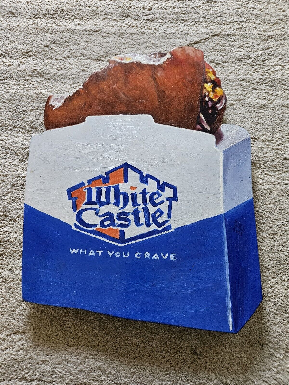 Pop Art Wood Painted White Castle Hamburger  Whie Blue Box What You Crave After