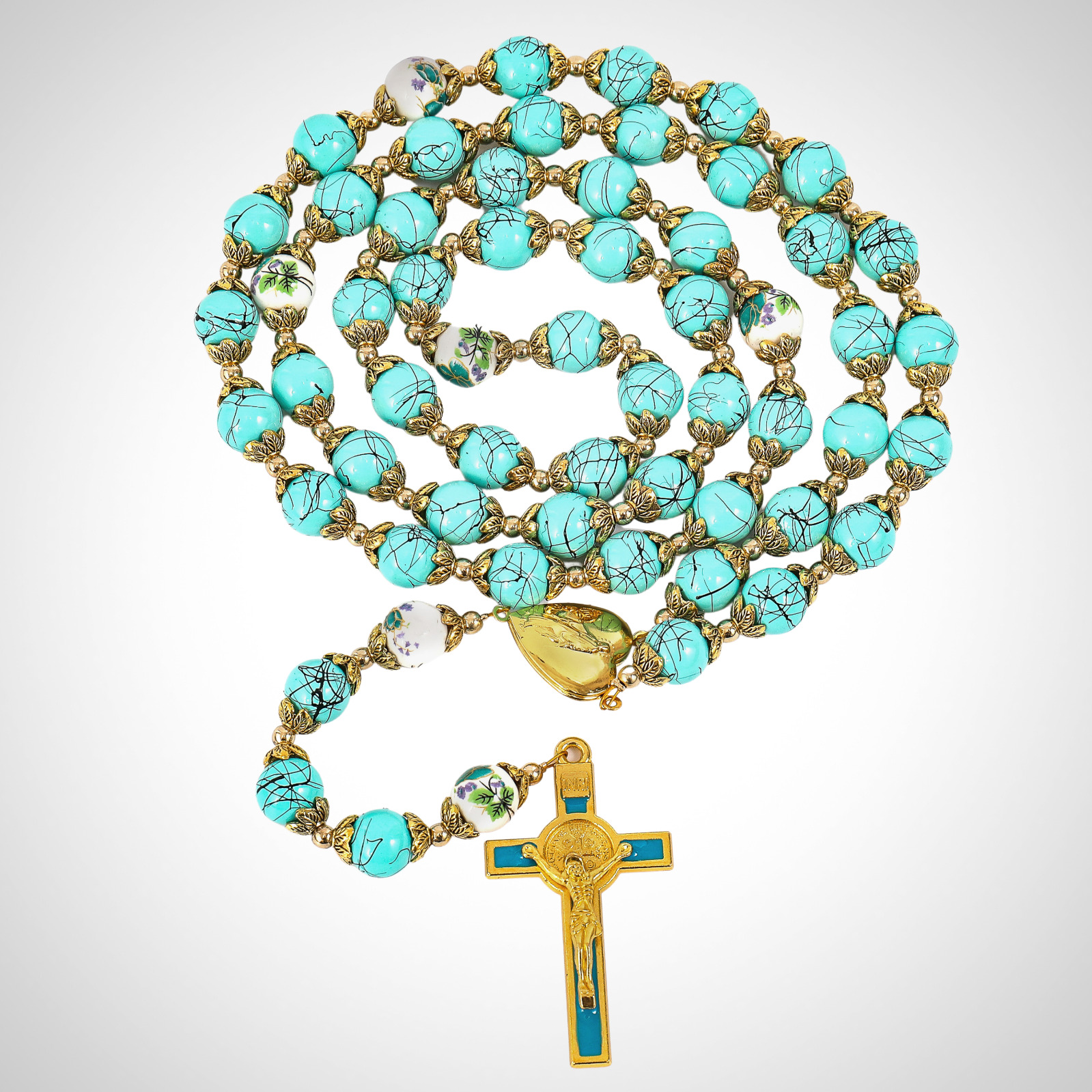 St. Benedict Turquoise Rosary Beads Catholic Necklace Flowers Mystery Beads