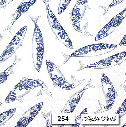 (254) TWO Individual Paper LUNCHEON Decoupage Napkins DECORATED FISH BLUE DESIGN