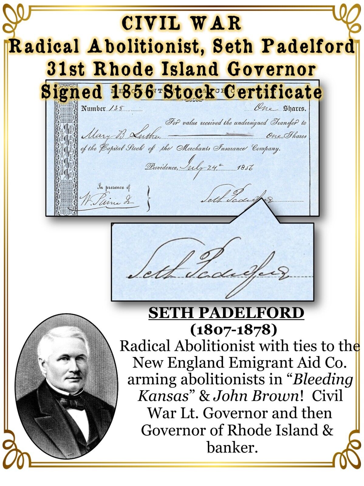 CIVIL WAR Radical Abolitionist, Seth Padelford, 31st RI Governor Signed Stock