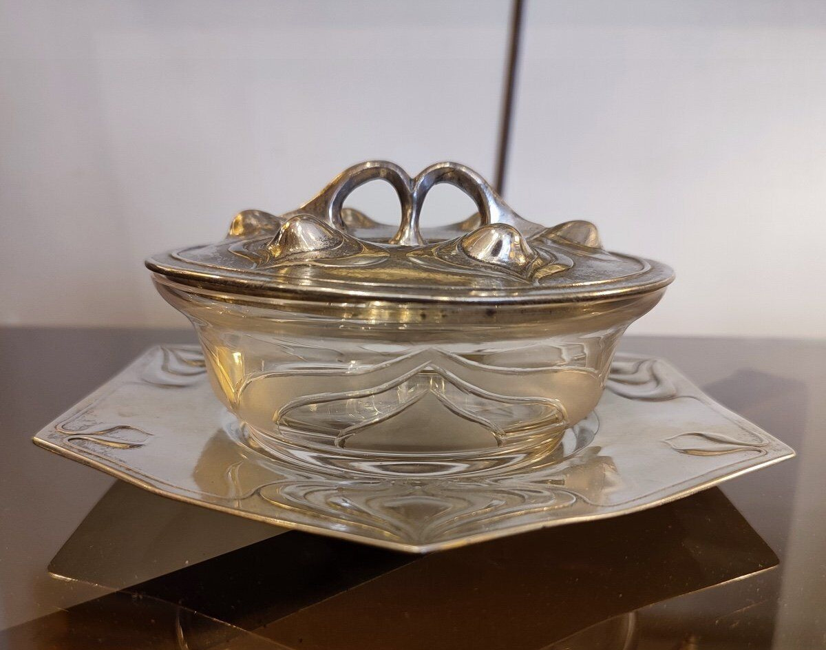 Jugendstil Box Pewter Glass Lid Art Nouveau Plate Plant Osiris Mark Saucer 20th