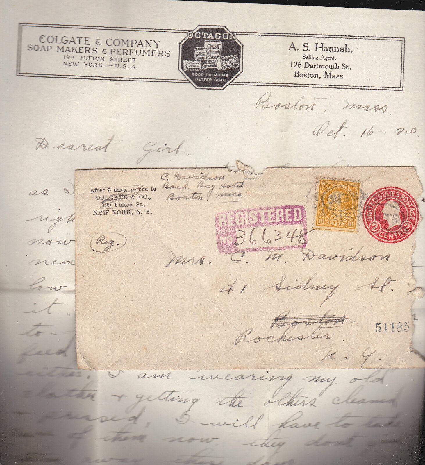 Colgate & Company Letterhead Envelope 1920 Registered Cover Stamps 