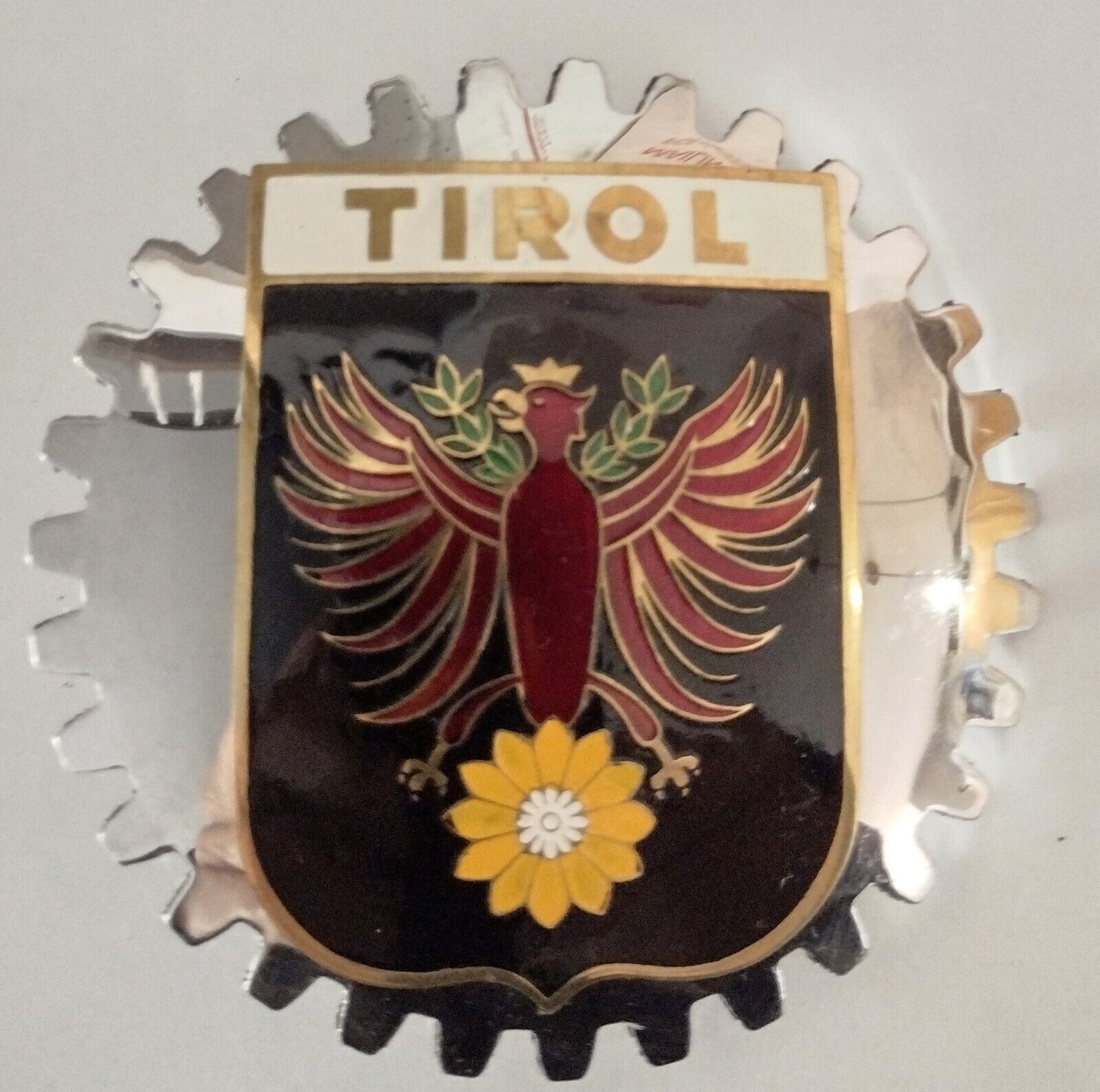 Vintage Tirol Car Grille Badge Enamel On Chrome Metal Tyrol, Austria