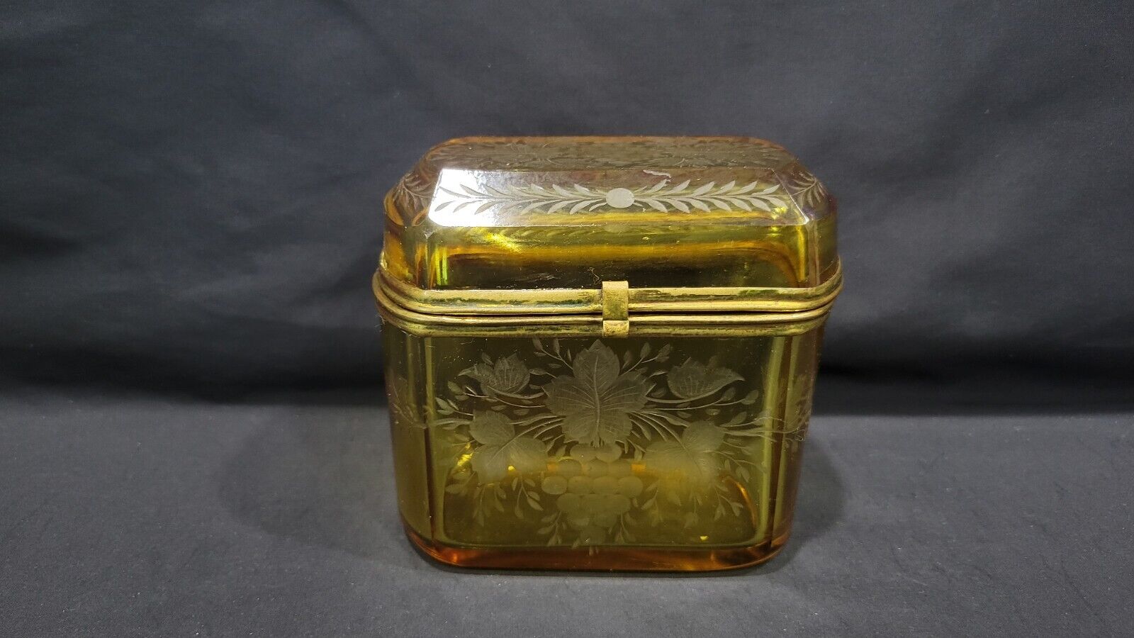Antique Bohemian Glass Amber Etched Rectangular Hinged Box