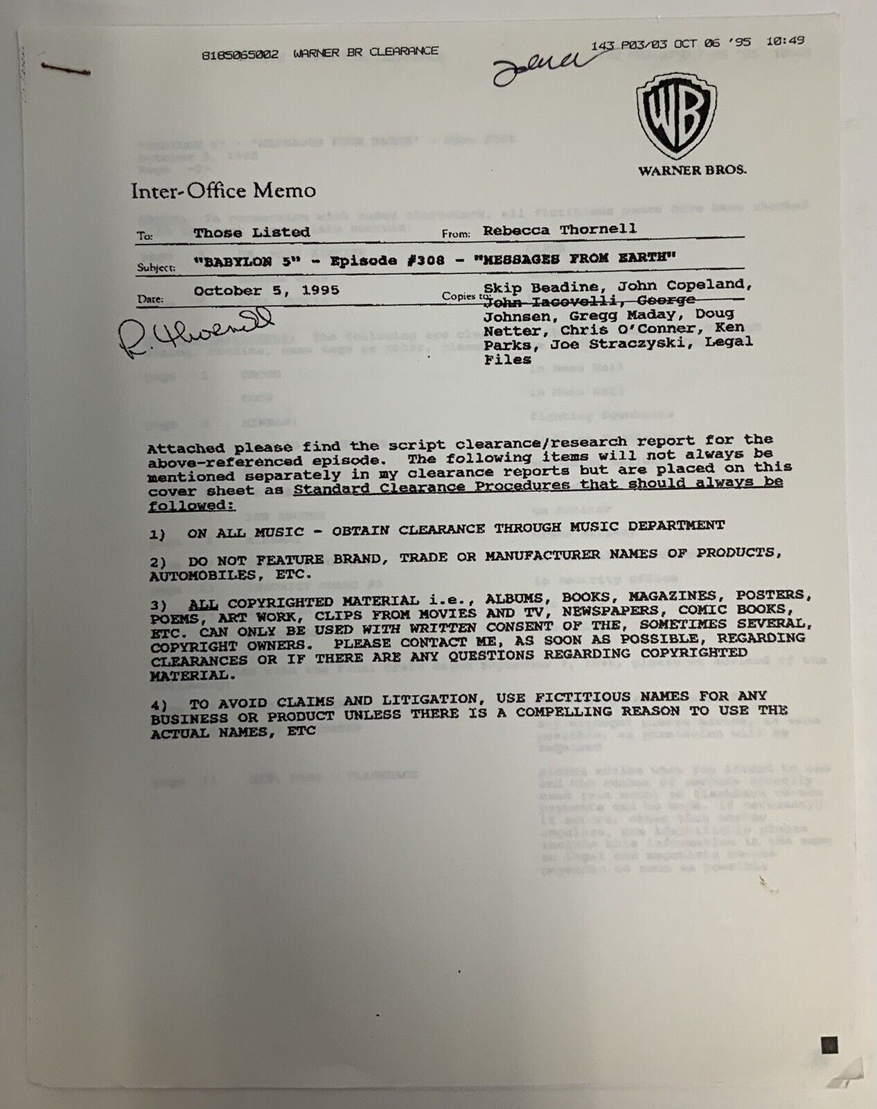 Babylon 5 Episode # 308 Message From Earth Signed Inter Office Memo 2 Pages
