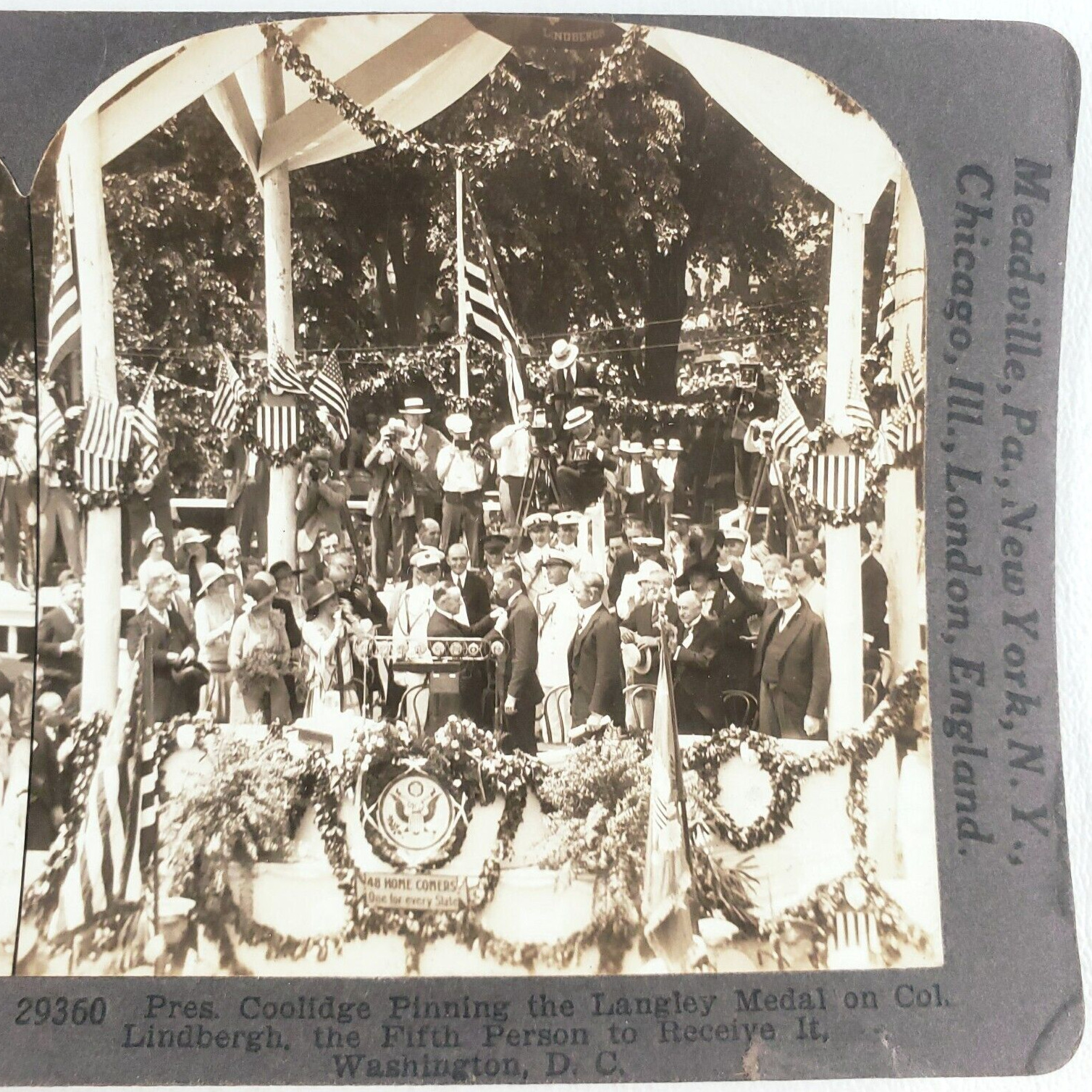 Coolidge Pinning Langley Medal Stereoview 1920s Charles Lindbergh President C899