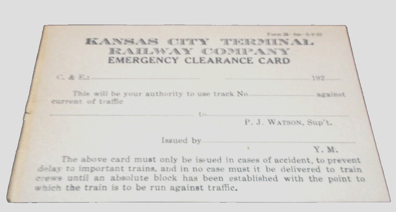 MAY 1922 KANSAS CITY TERMINAL RAILWAY UNUSED EMERGENCY CLEARANCE CARD