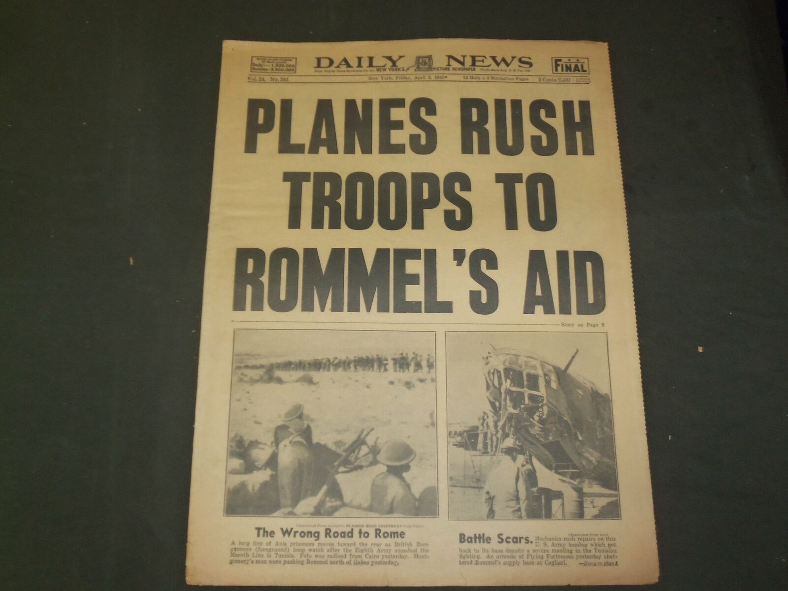 1943 APRIL 2 NEW YORK DAILY NEWS - PLANES RUSH TROOPS TO ROMMEL\'S AID - NP 4321