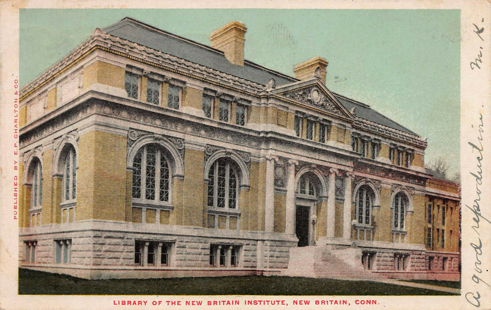 Library of New Britain Institute, New Britain, Connecticut, 1906 Postcard, Used