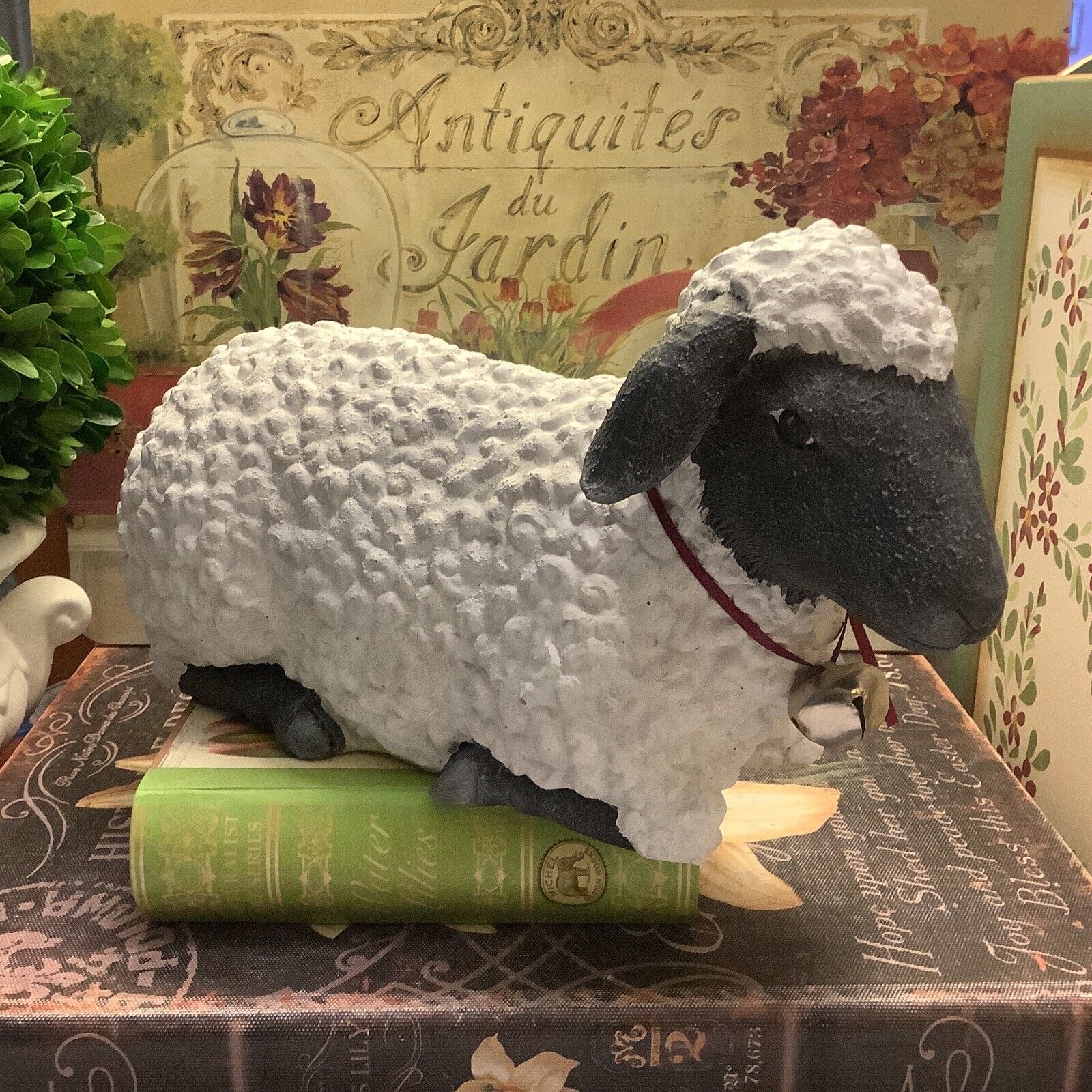 White Hand Painted Sheep/Lamb~w/Grey Face~Bell Around Neck~11”L X 6”H~Excellent~