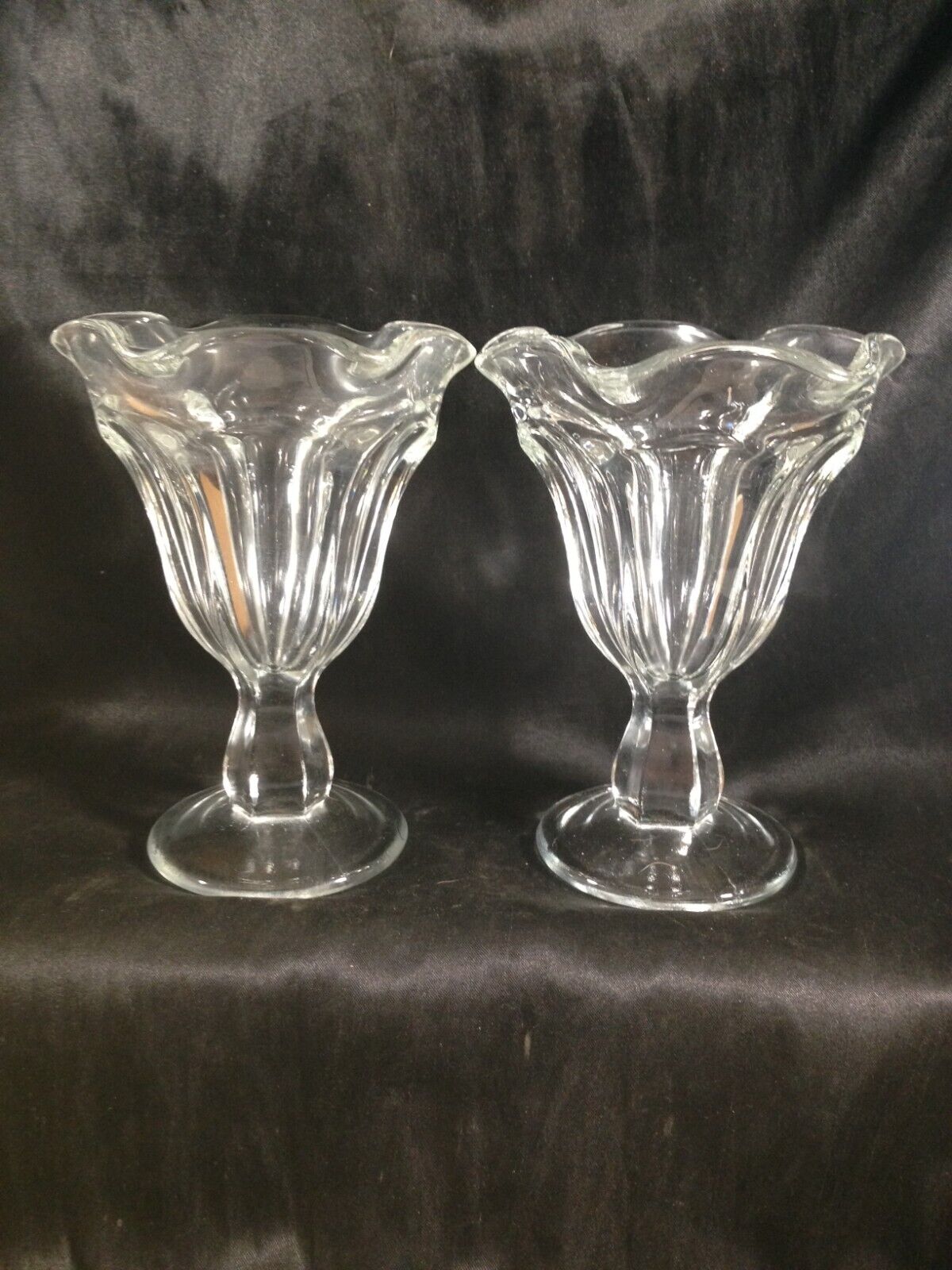 Pair of Vintage Clear Glass Ice Cream Parlor Sundae Glasses