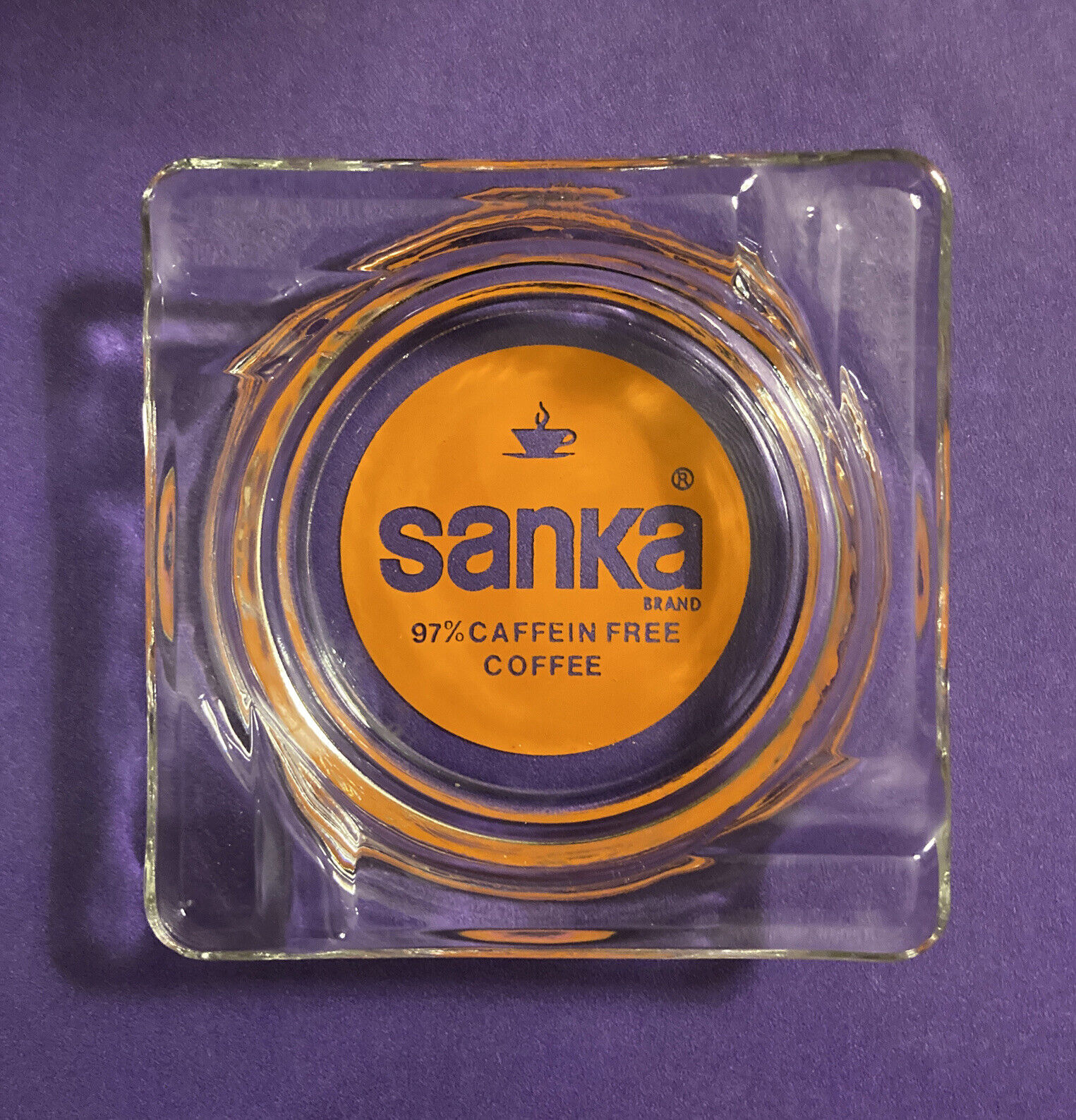 SANKA ASHTRAY COFFEE DECAF 97% CAFFEIN FREE CLEAR GLASS ORANGE SQUARE VINTAGE.