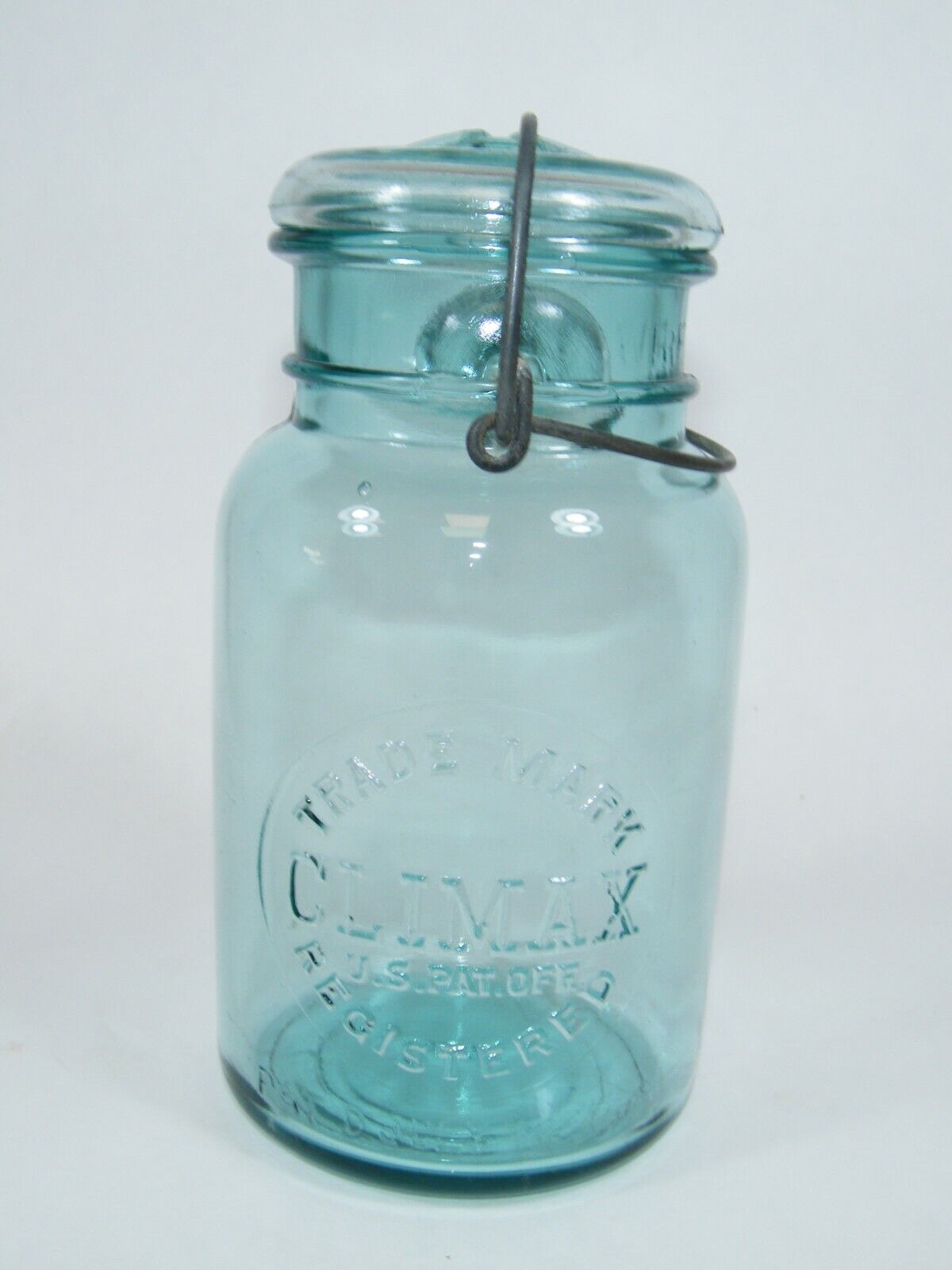 CLIMAX TRADE MARK REGISTERED JULY 14 1908 AQUA BLUE GLASS MASON JAR