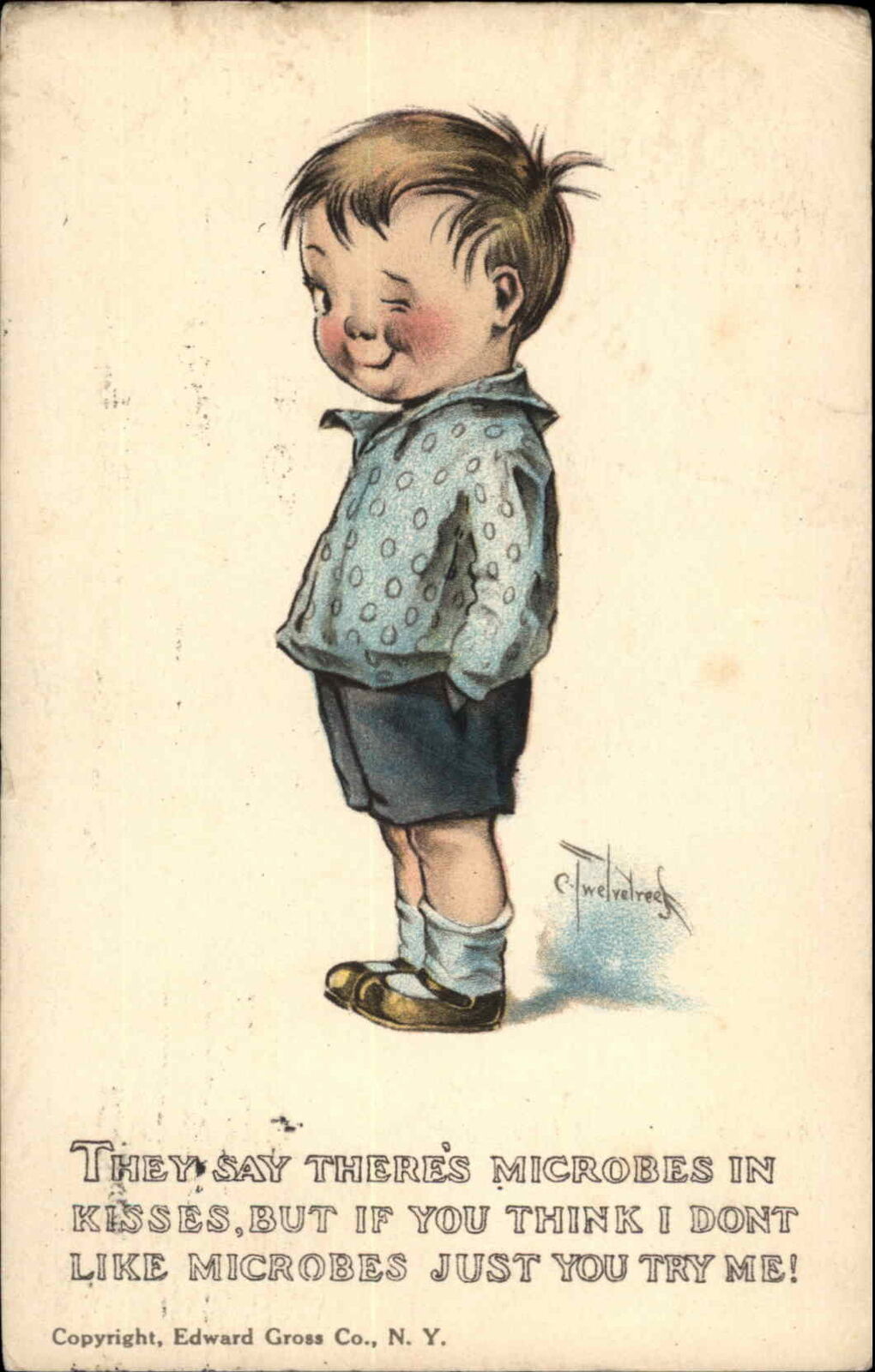 Charles Twelvetrees - Little Boy Winking Microbes in Kisses c1915 Postcard