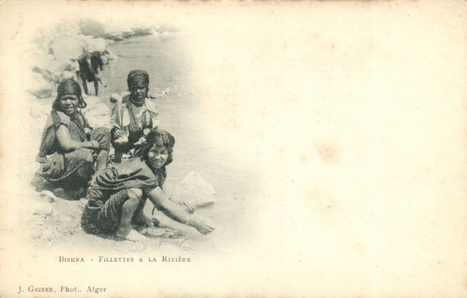 PC CPA ALGERIA, BISKRA, GIRLS ON THE RIVER, J. GEISER, (b8552)