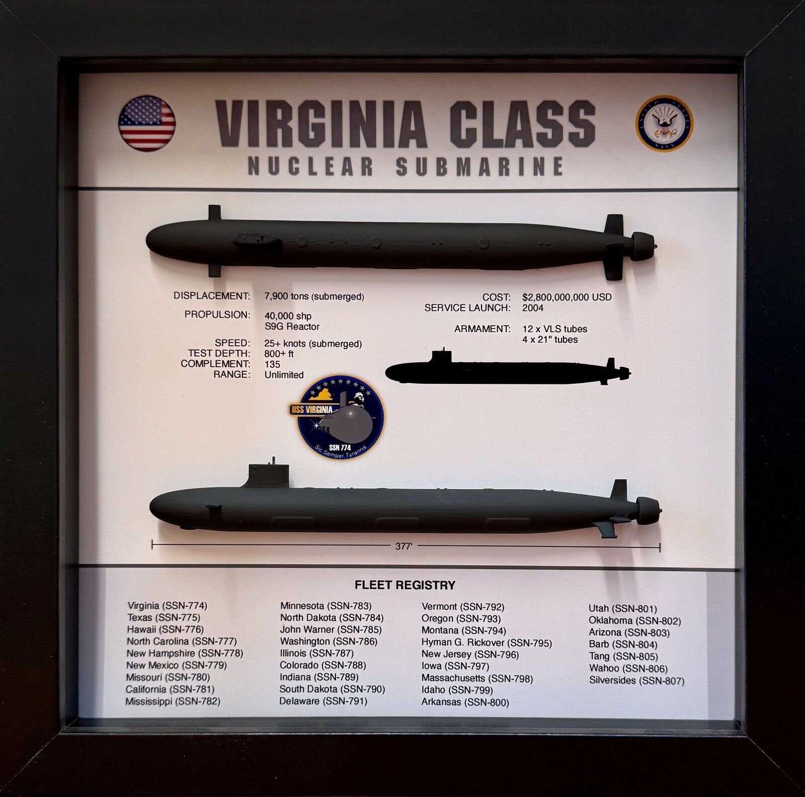 Virginia Class Block V with VPM, Submarine Memorial Display Shadow Box, SSN-803