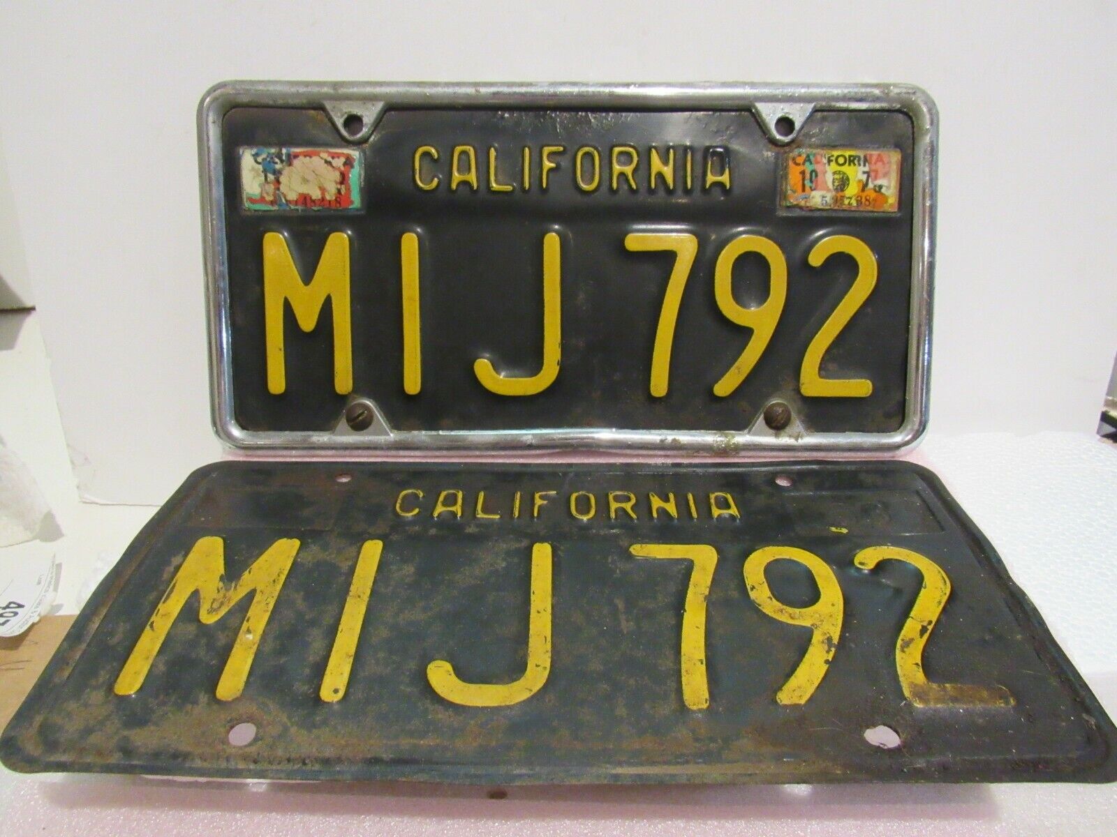 Vintage Set California License Plates MIJ 792 Black Gold Metal DMV Clear