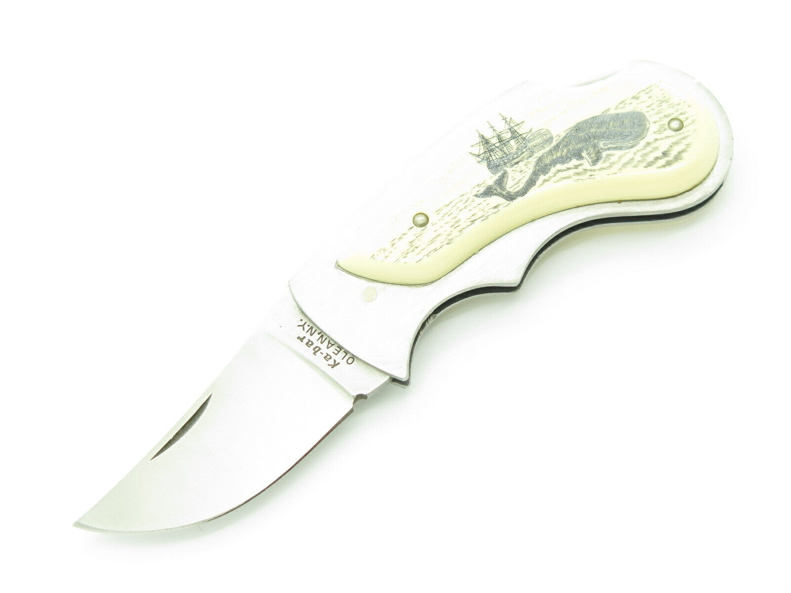 Vtg 80s Ka-bar Olean NY 1500 Seki Japan Scrimshaw Folding Lockback Pocket Knife