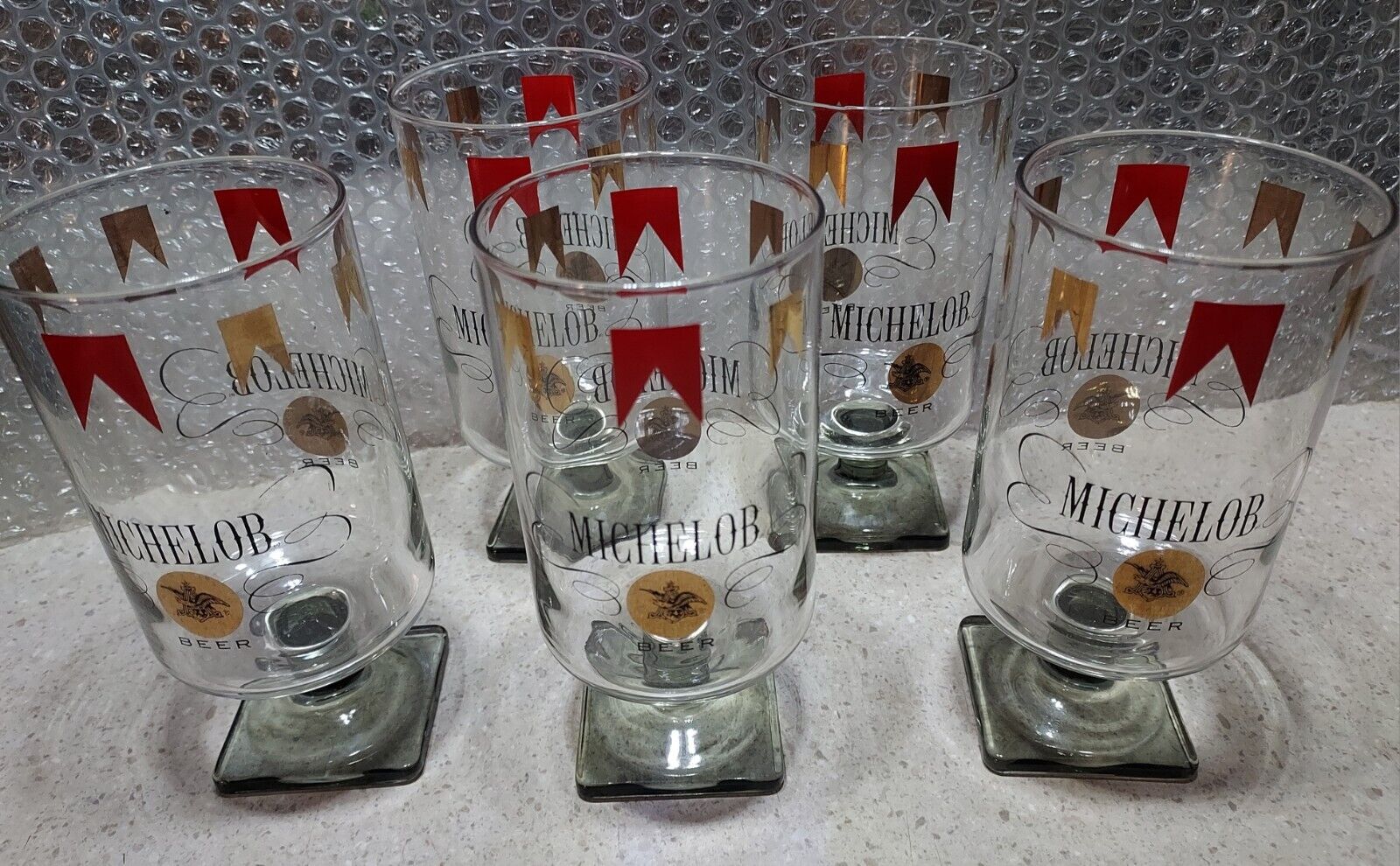Set Of 5 Vintage Michelob Beer Glasses Square Footed Stem Base Pilsner Draught
