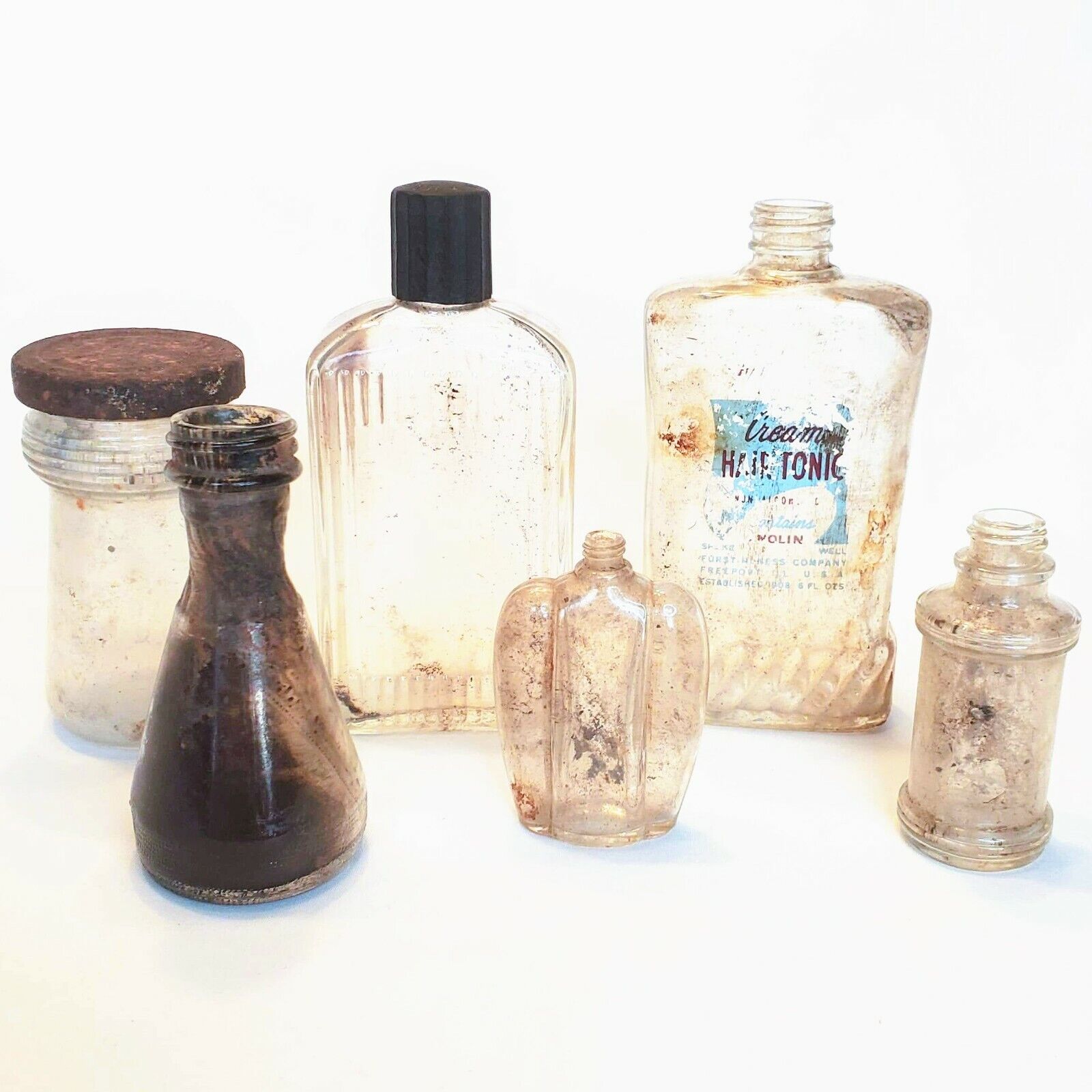 6 Clear Bottles Furst McNess Hair Tonic Jergens Knomark Cheramy Perfume Vintage