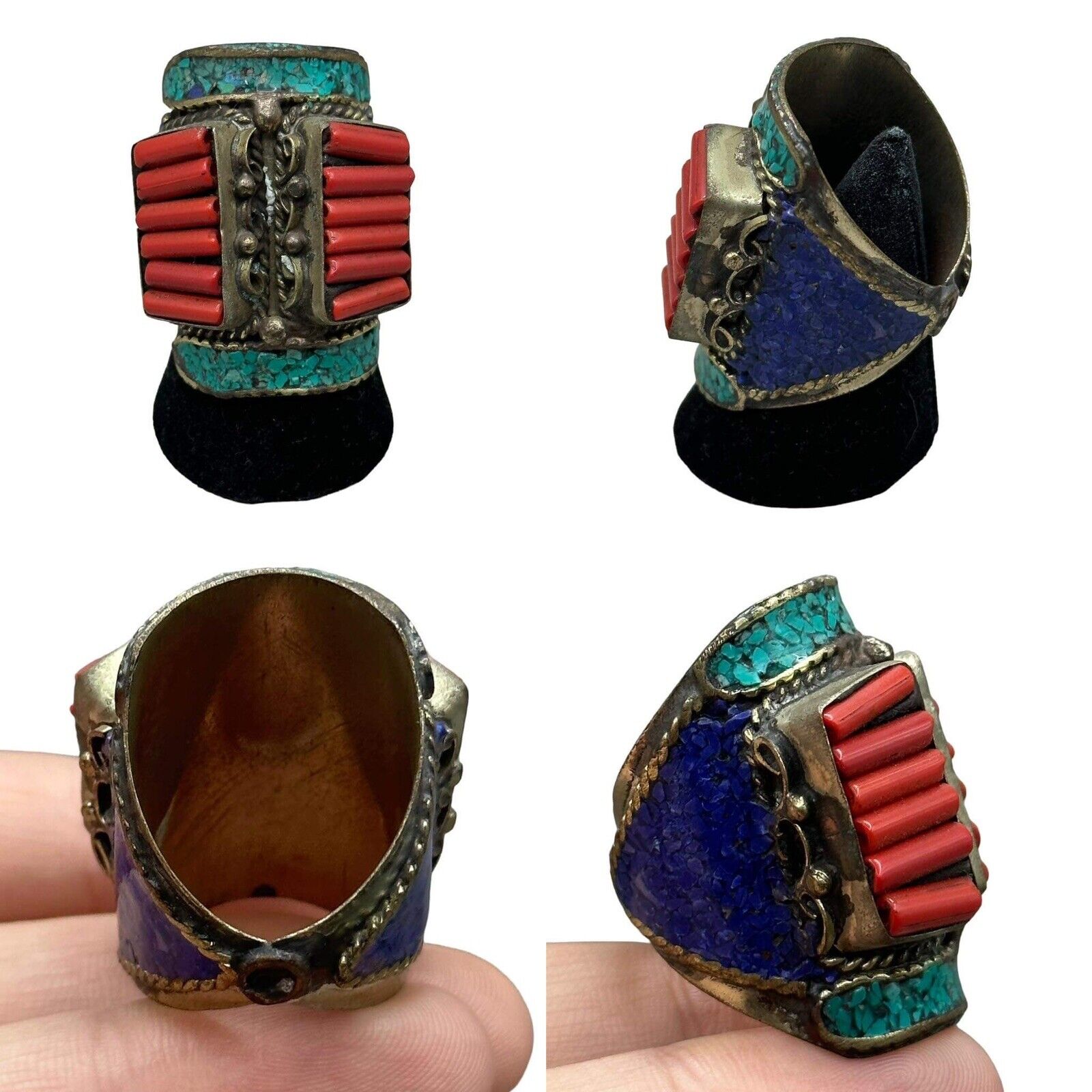 Lovely Unique South Asian Nepalese  Culture Coral Stone Brass Ring