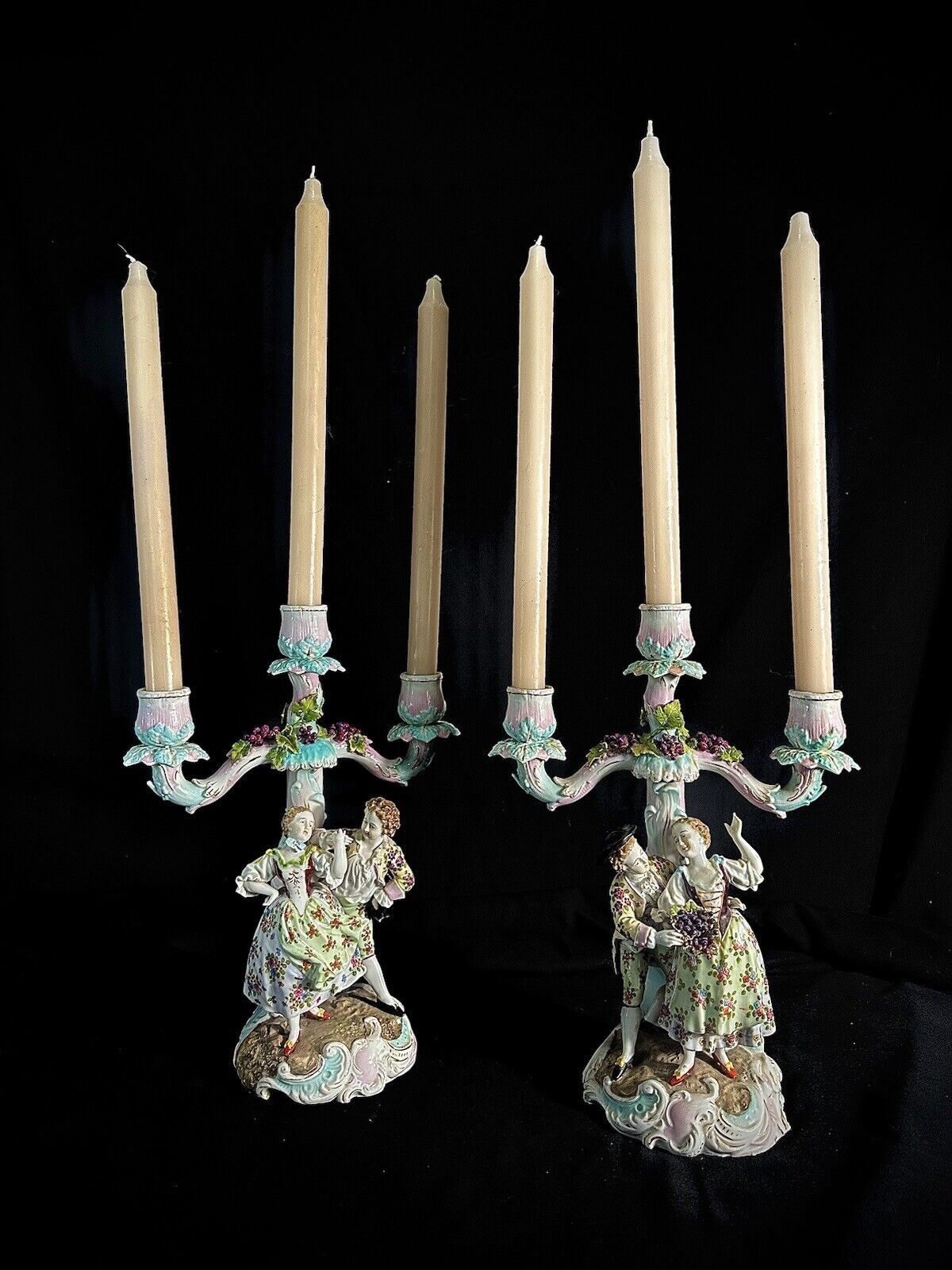 Antique Rococo Meissen Pair of Candelabras & Candles 10”H Marked Perfect Con