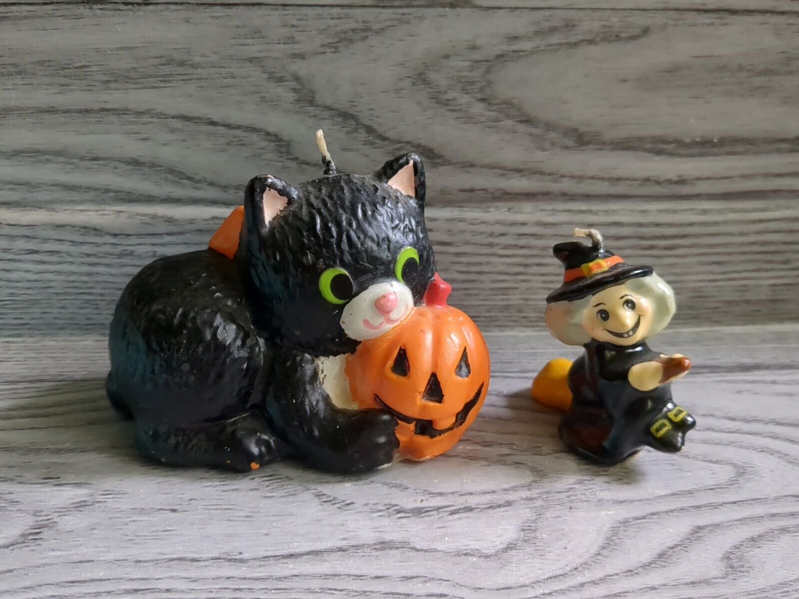 Vintage Halloween Decor Black Cat Candle Pumpkin Mini Witch Lot/2 Figural Wax