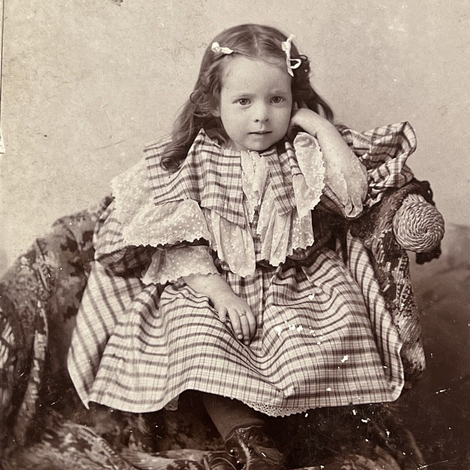 Antique Cabinet Card Photograph Adorable Little Girl Plaid Dress Phillips WI