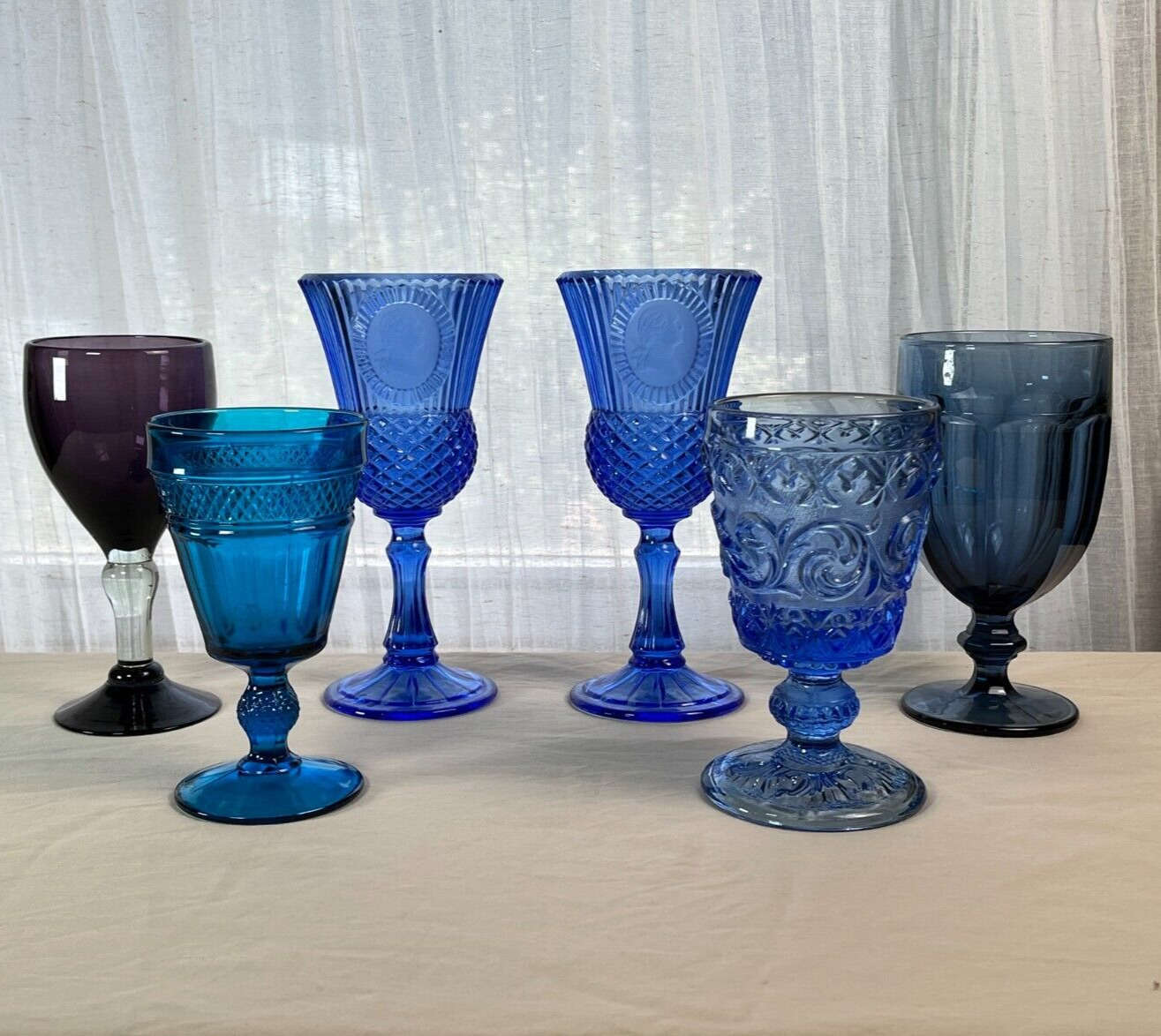 Vintage Set Assorted GLASS GOBLETS - Long Stem Cut Glass AVON George Washington