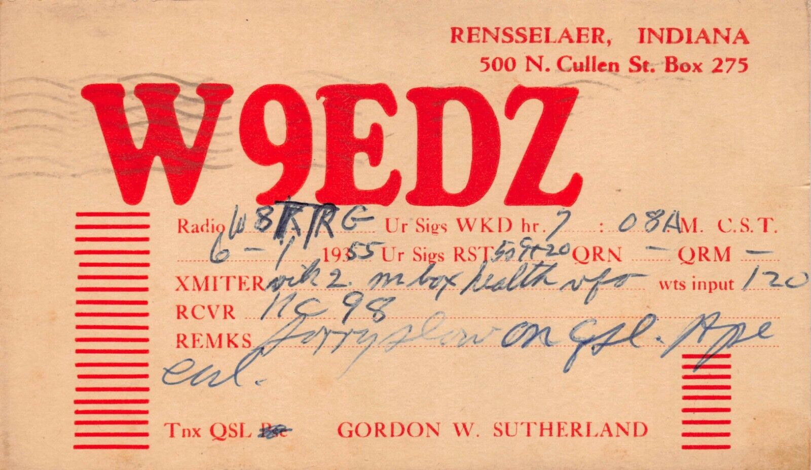Vtg Ham Radio CB Amateur QSL QSO Card Postcard Rensselaer Indiana 1955