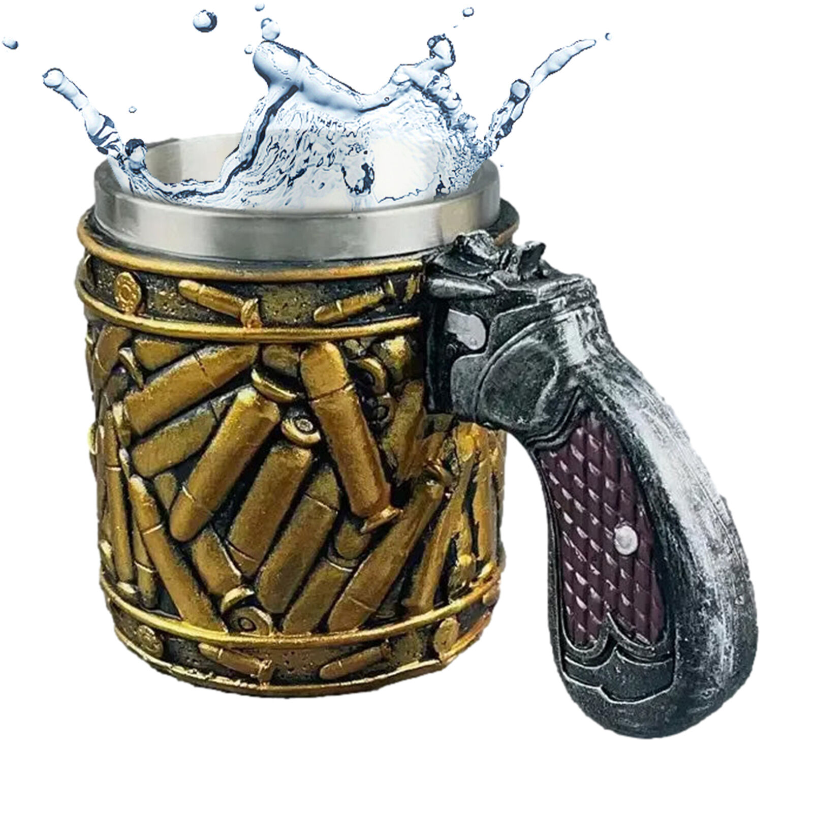 Stainless Steel Bullet Pattern Beer Mug Revolver Handle 450ml Drinking Cup