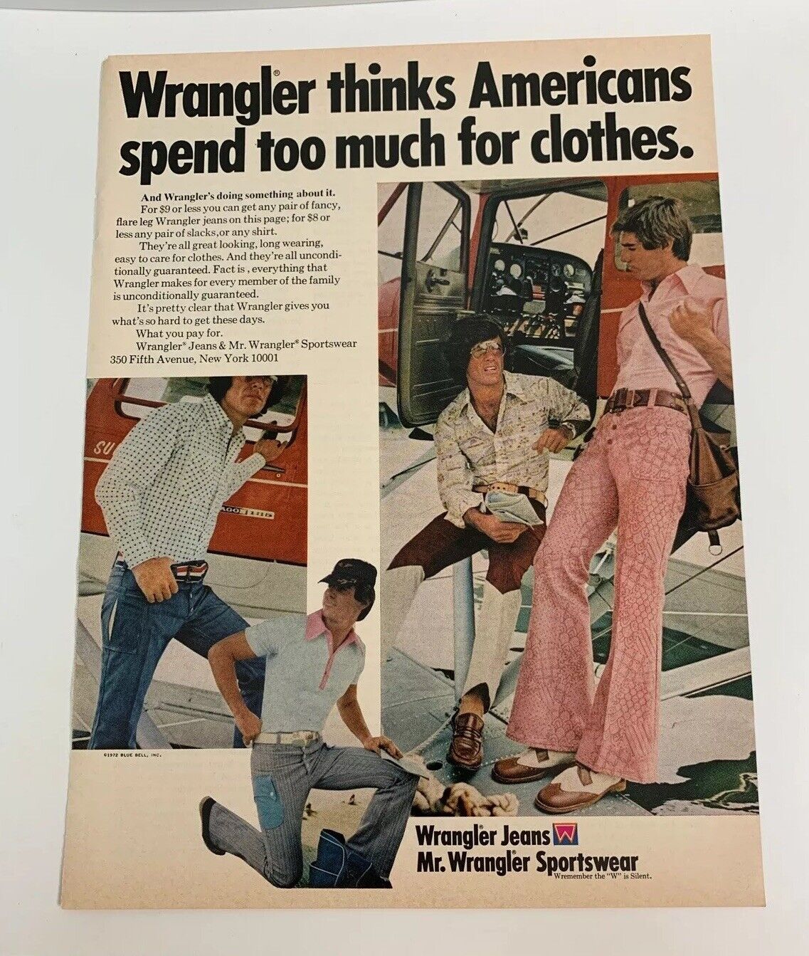 Wrangler Jeans Magazine Print Ad Mr. Wrangler Sportswear Blue Bell Plane 1972