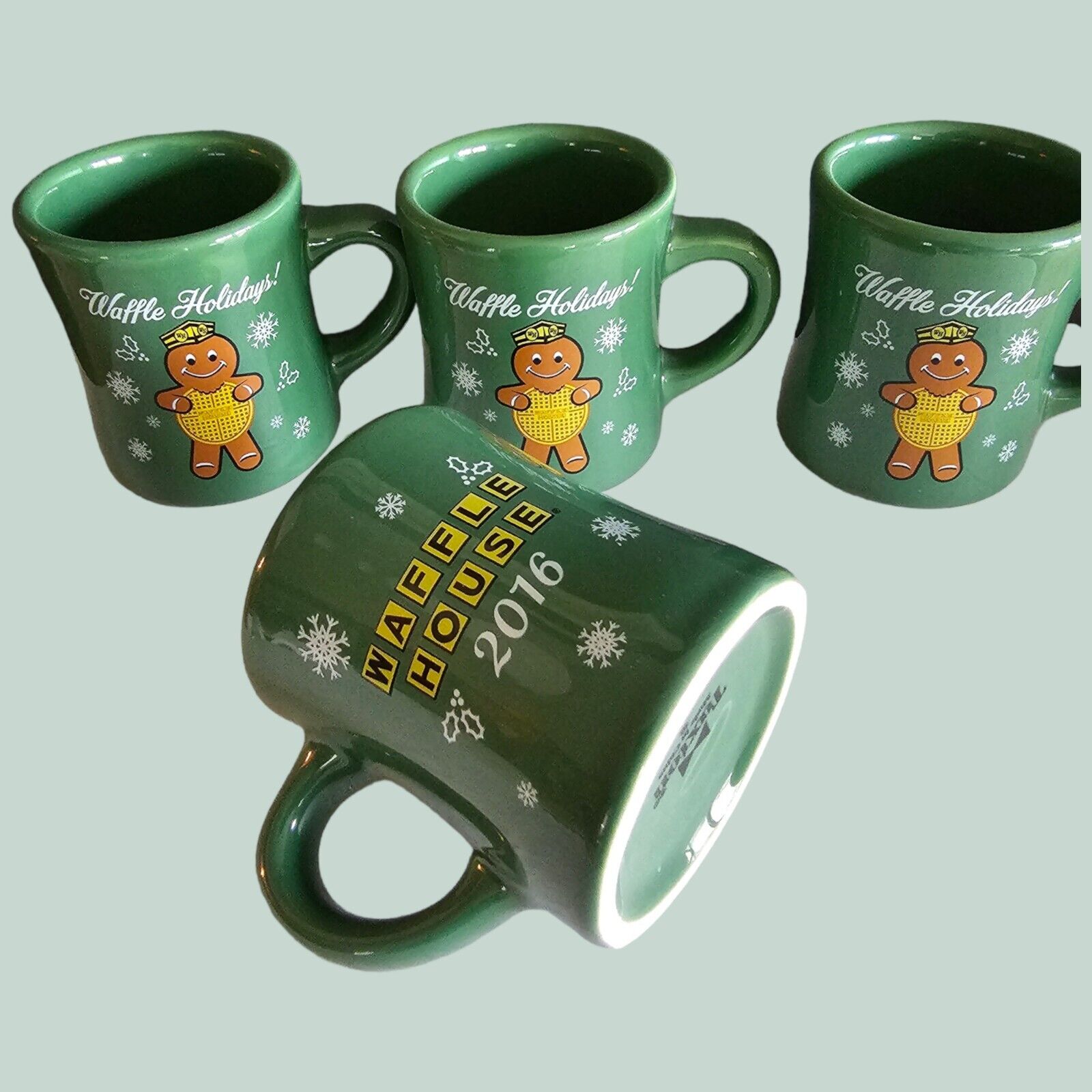 4  Tuxton Waffle House Green Holidays 2016 Gingerbread Man Coffee Mugs Cup