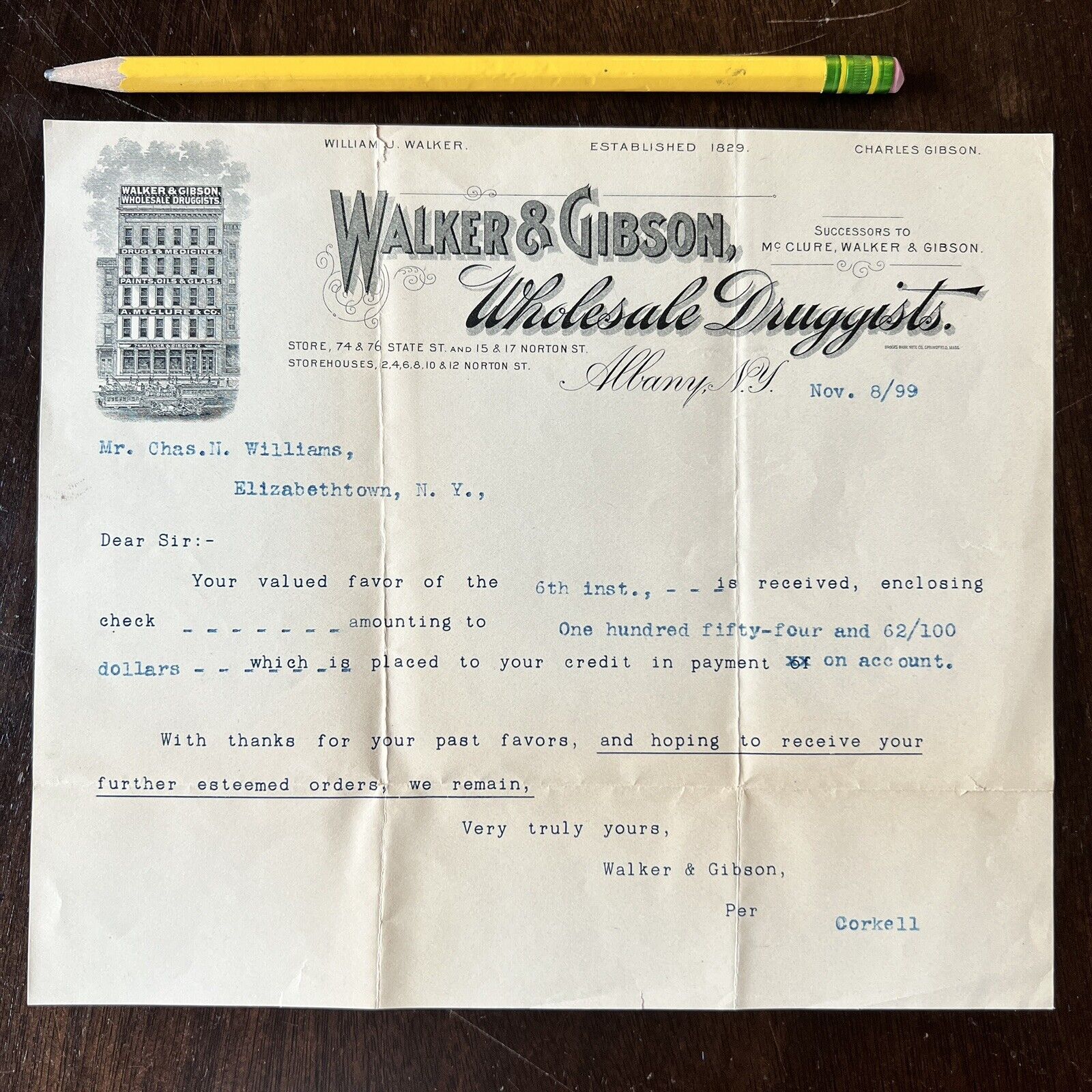 1899 ALBANY NEW YORK WALKER GIBSON DRUGGISTS TYPED CORRESPONDENCE LETTERHEAD