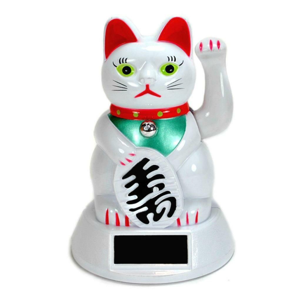 SOLAR POWER BECKONING CAT White Lucky Waving Kitty Maneki Neko Wealth Fortune