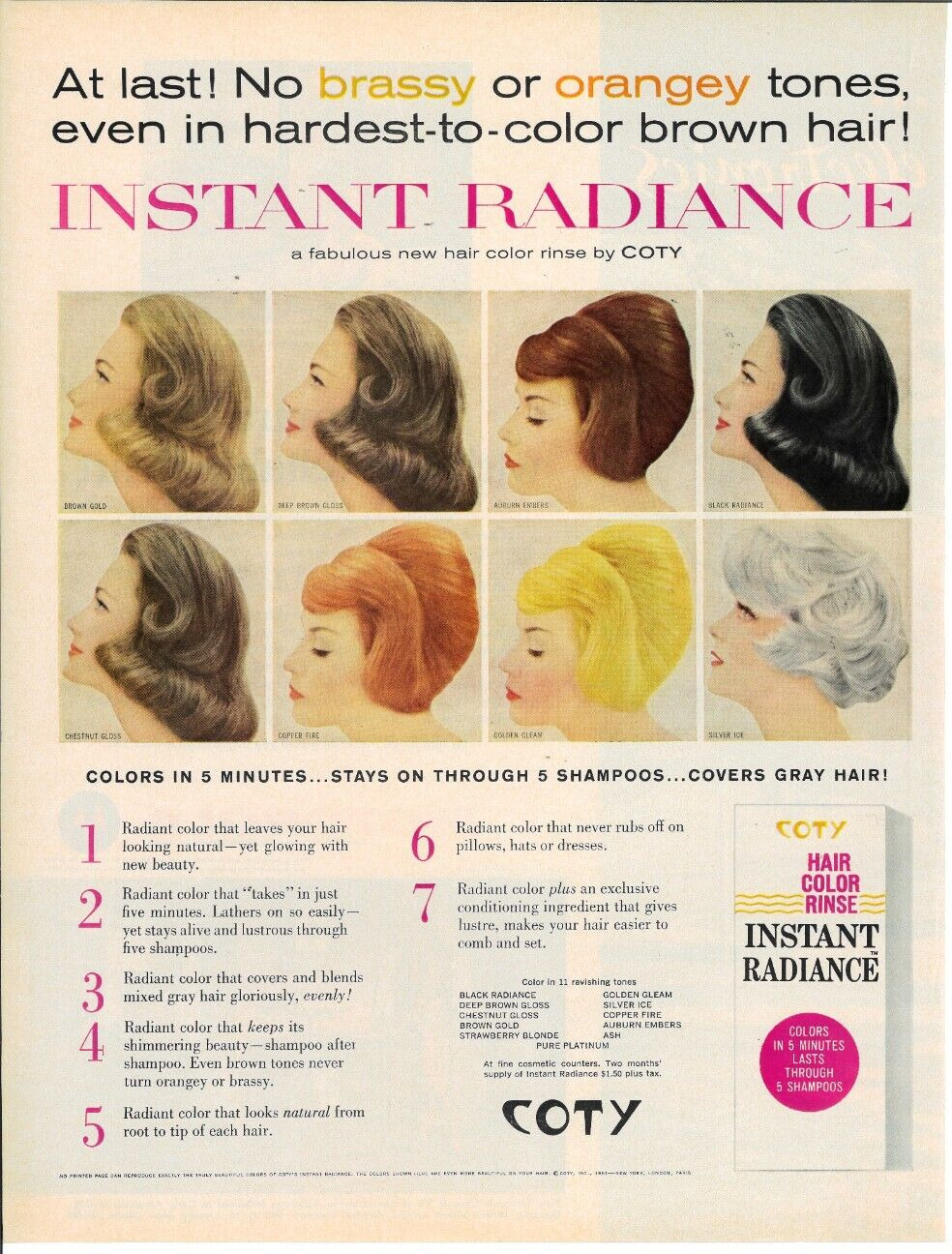 1961 COTY Hair Color Rinse Cosmetics Style Care Vintage Magazine Print Ad