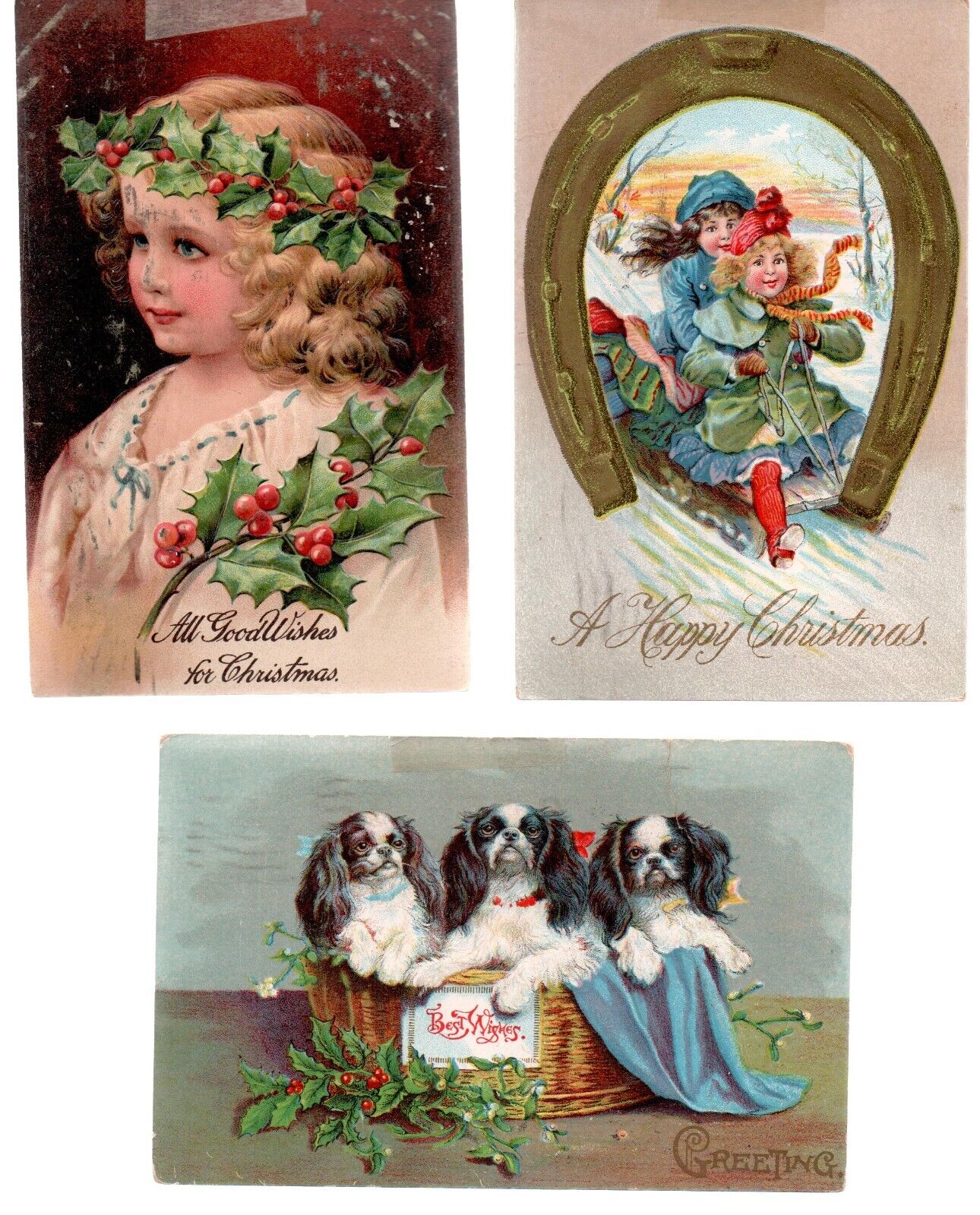 3 Vintage Christmas Postcards 1909 Posted Fair Shape Puppies Girl Sledding
